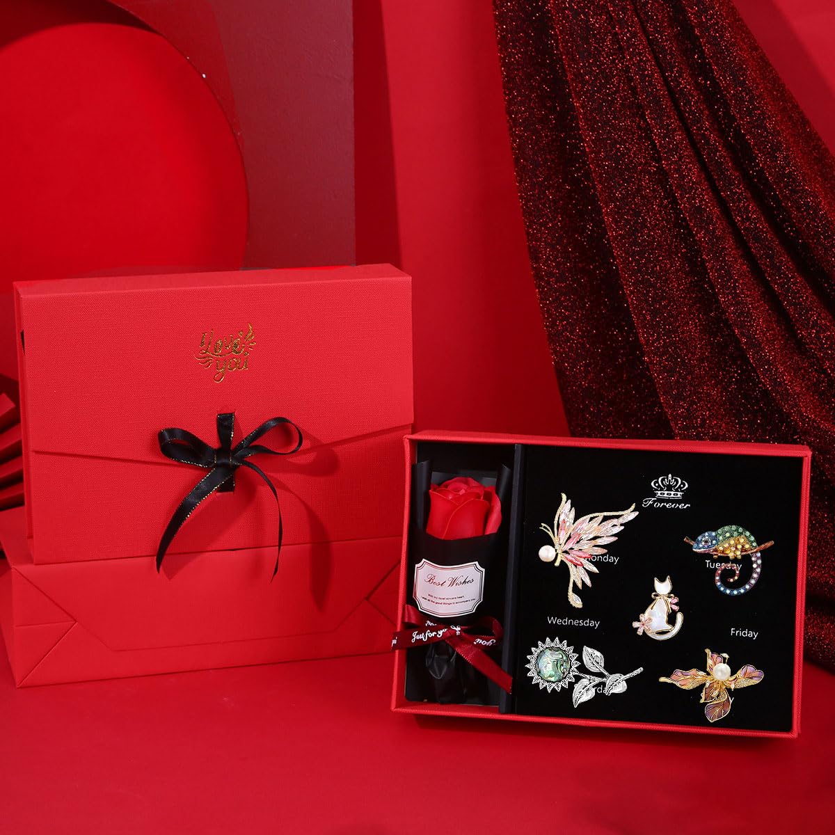 Flower and Animal Brooch Set Gift Box for Women Rhinestone Zircon Flower and Animal Pin Birthday Holiday Gift for Wife Girlfriend Mother
