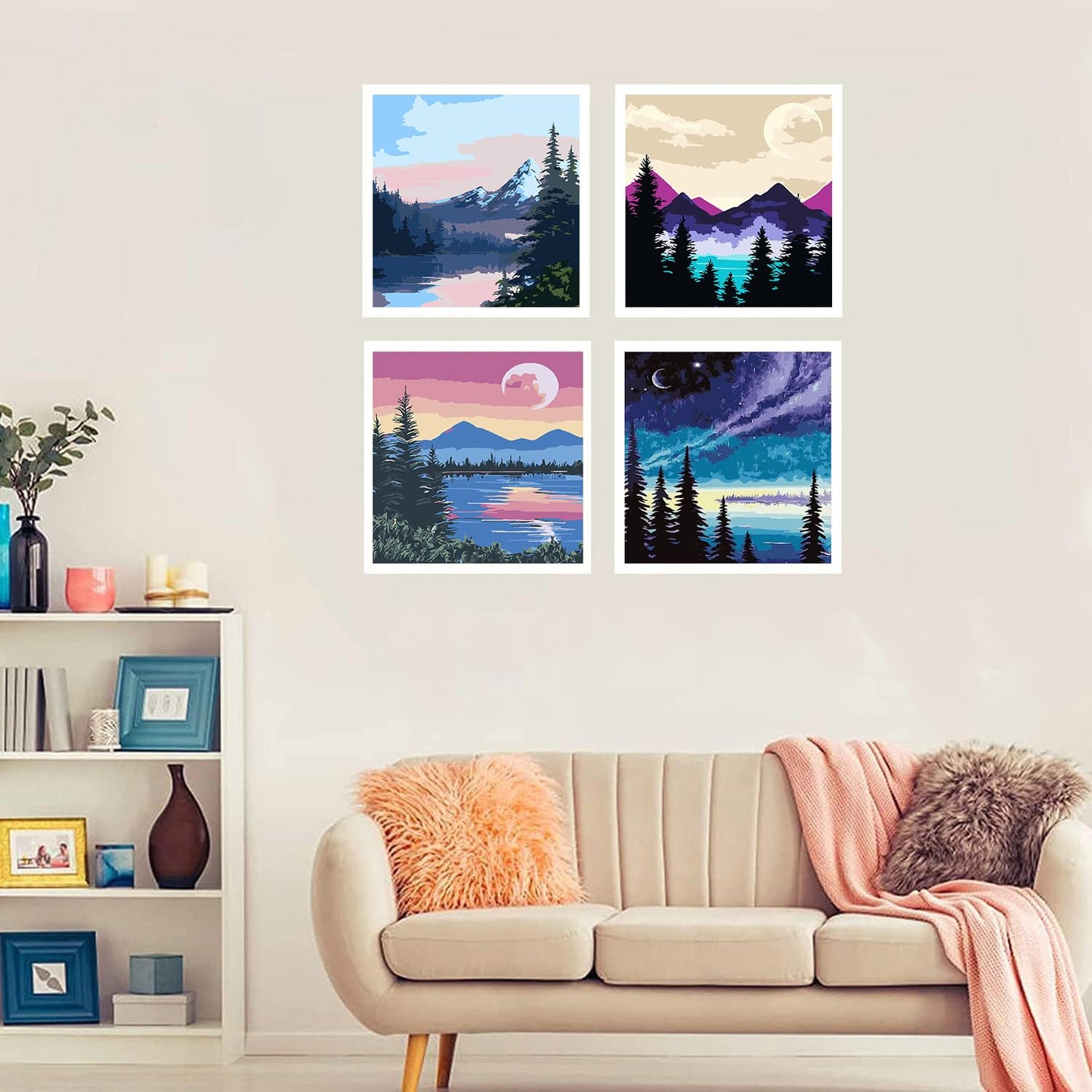 Paint by Numbers Kits, Paint by Number for Adults Canvas with Frame, Easy DIY Acrylic Paint by Numbers, 4 Pack Moon Mountain Lake Landscape Oil Painting for Kids & Adults Beginners (8x8 Inch)