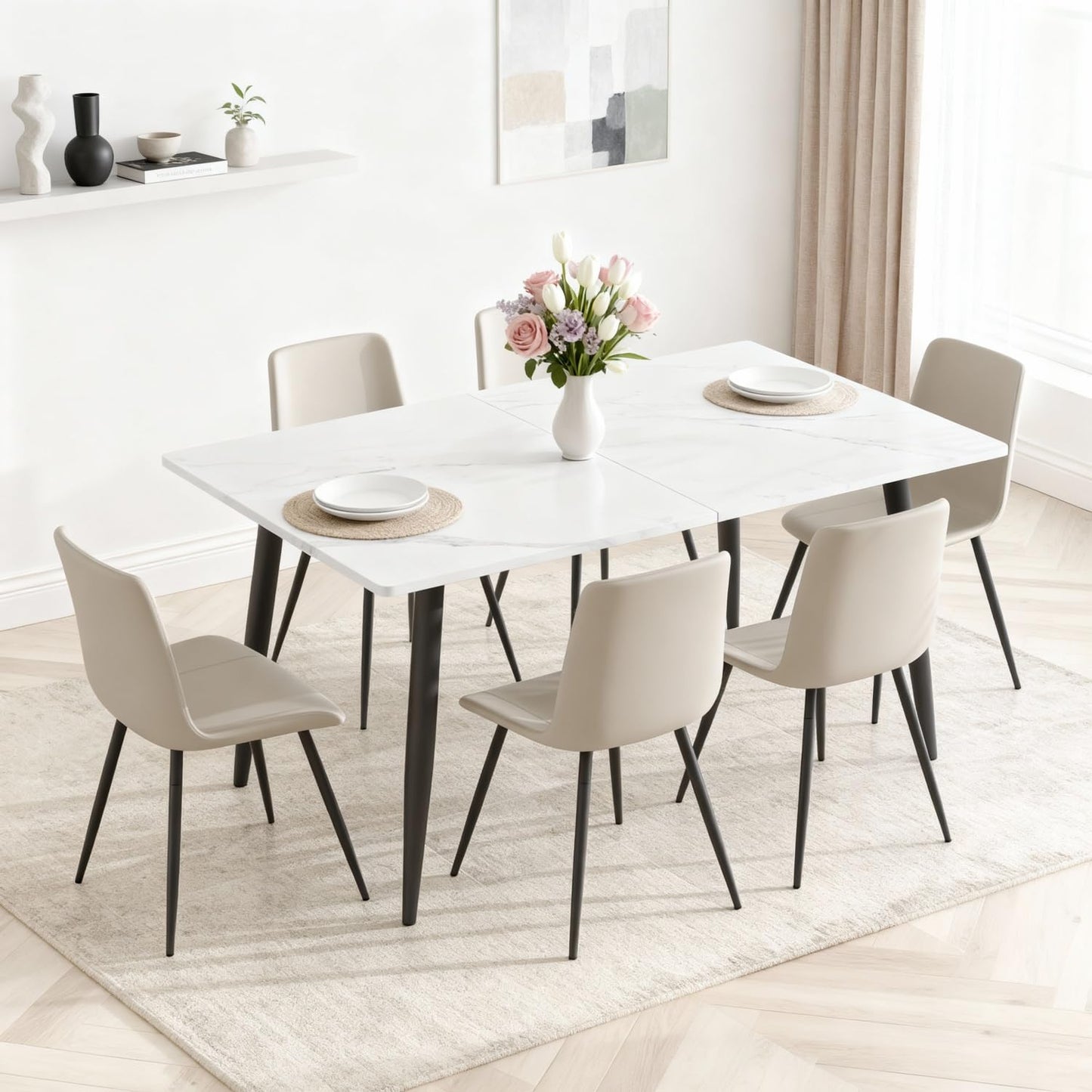 FURNITO 7 Piece Dining Table Set, 59"-75" Extendable Dining Room Table Set with 6 Upholstered Chairs, White Kitchen Table Chairs Set for Living Room, Apartment, Easy to Assemble