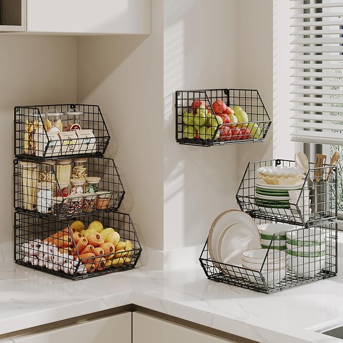 X-cosrack Stackable Wire Baskets for Counter, Fruit and Vegetable Storage, Potato and Onion Storage Bin,Kitchen Pantry Organizer - Wall Basket for Produce/Snack/Can, Large, Black