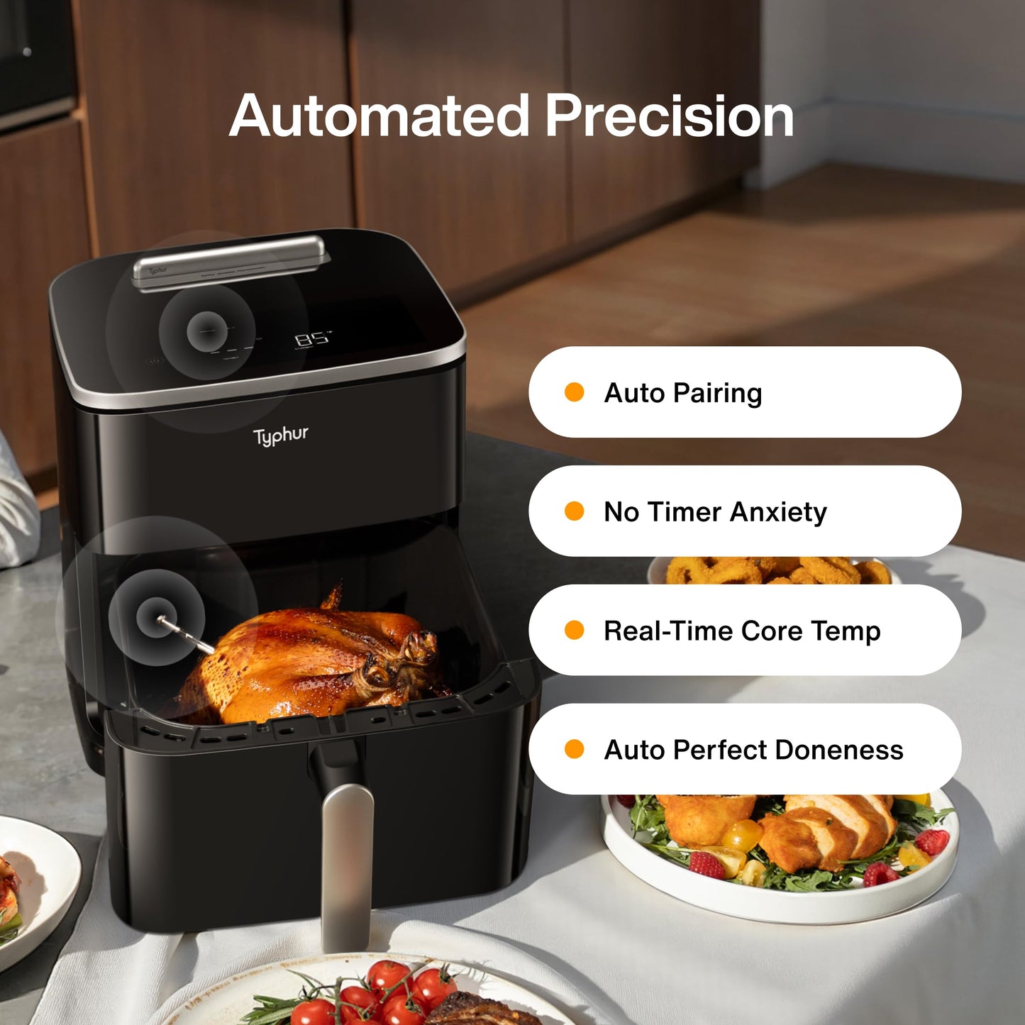 Typhur Sync 8QT AI Smart Air Fryer with Built-in Wireless Meat Thermometer, 9-in-1 XL Non Toxic Ceramic Airfryer, 450ยฐF Max, Cooks 6lb Whole Chicken, Quiet & Dishwasher Safe, 120V