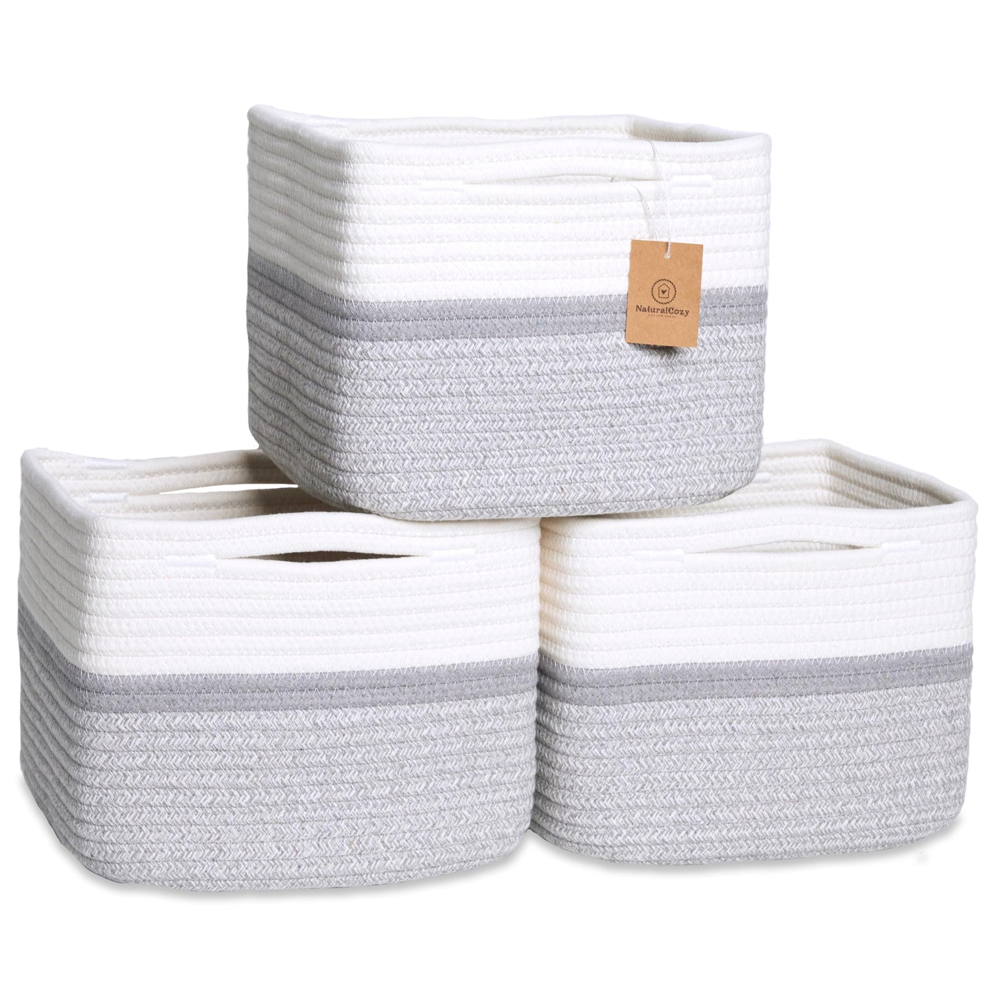 NaturalCozy Storage Cubes 9âx9âx7âCotton Rope Woven Baskets for Organizing 3-Pack | 9 Inch Cube Storage Bin | Small Basket for Shelf Nursery, Pantry, Decorative Plant, Bathroom Closet, Toy Gift