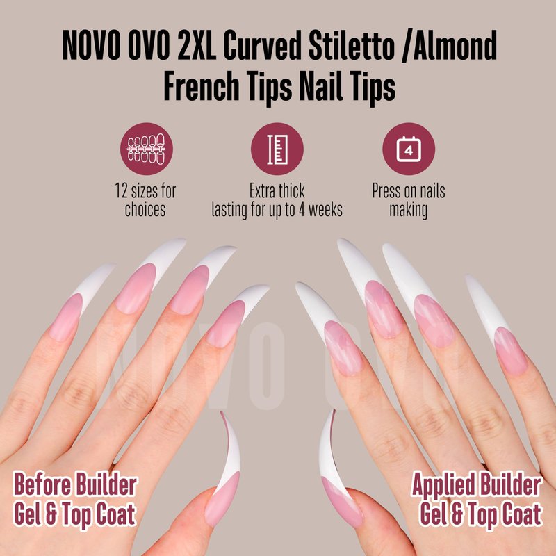 NOVO OVO Halloween XXL Curved Stiletto Almond French Tip Nail Tips, Soft Gel Extra Thick Long Acrylic Hawk Curve Fake Extension, Need Builder Gel & Top Coat, Full Cover Press on DIY 12 Sizes 240 pcs
