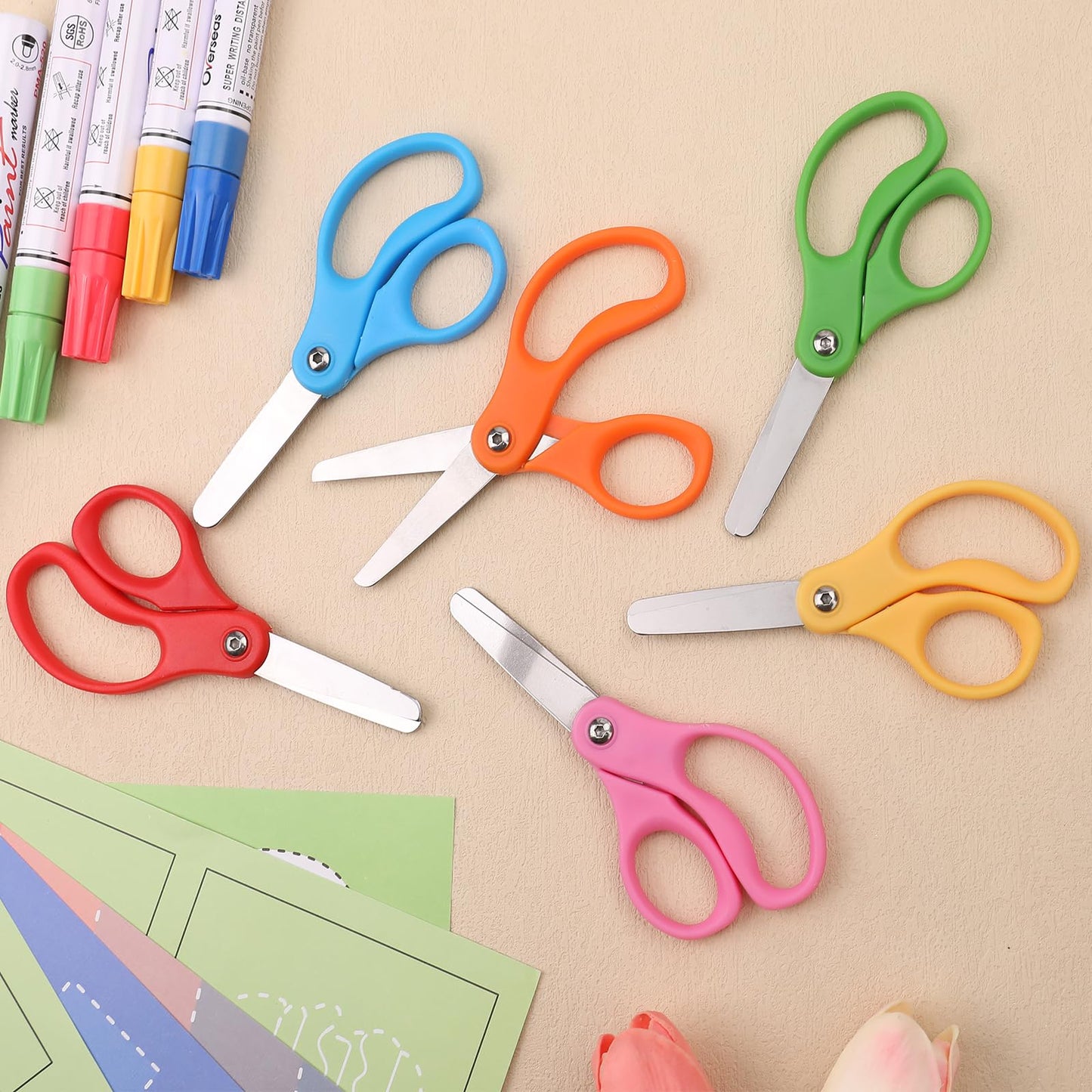 BURVAGY 48 Packs 5" Small School Student Blunt Tip Craft Kids Scissors, Stainless Steel Blades Comfort Grip 5 Inch Safety Scissors Bulk for Children Toodler Cutting Paper