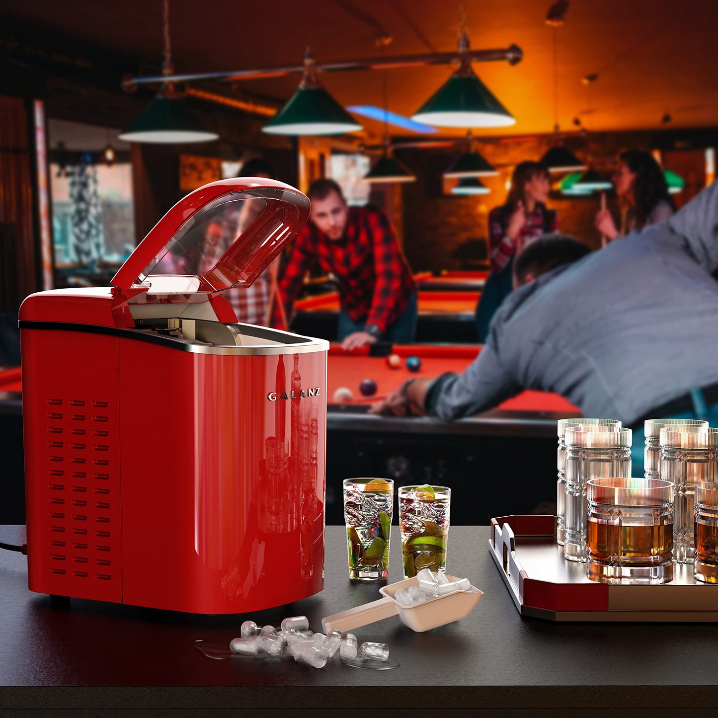 Galanz GLCI26SRA3A Portable Countertop Electric Ice Maker Machine 26 lbs in 24 Hours, 9 Bullet Shaped Cubes Ready in 9 Minutes, 2 Ice Sizes, Perfect for Parties & Home Bar, 2.1 L, Silver
