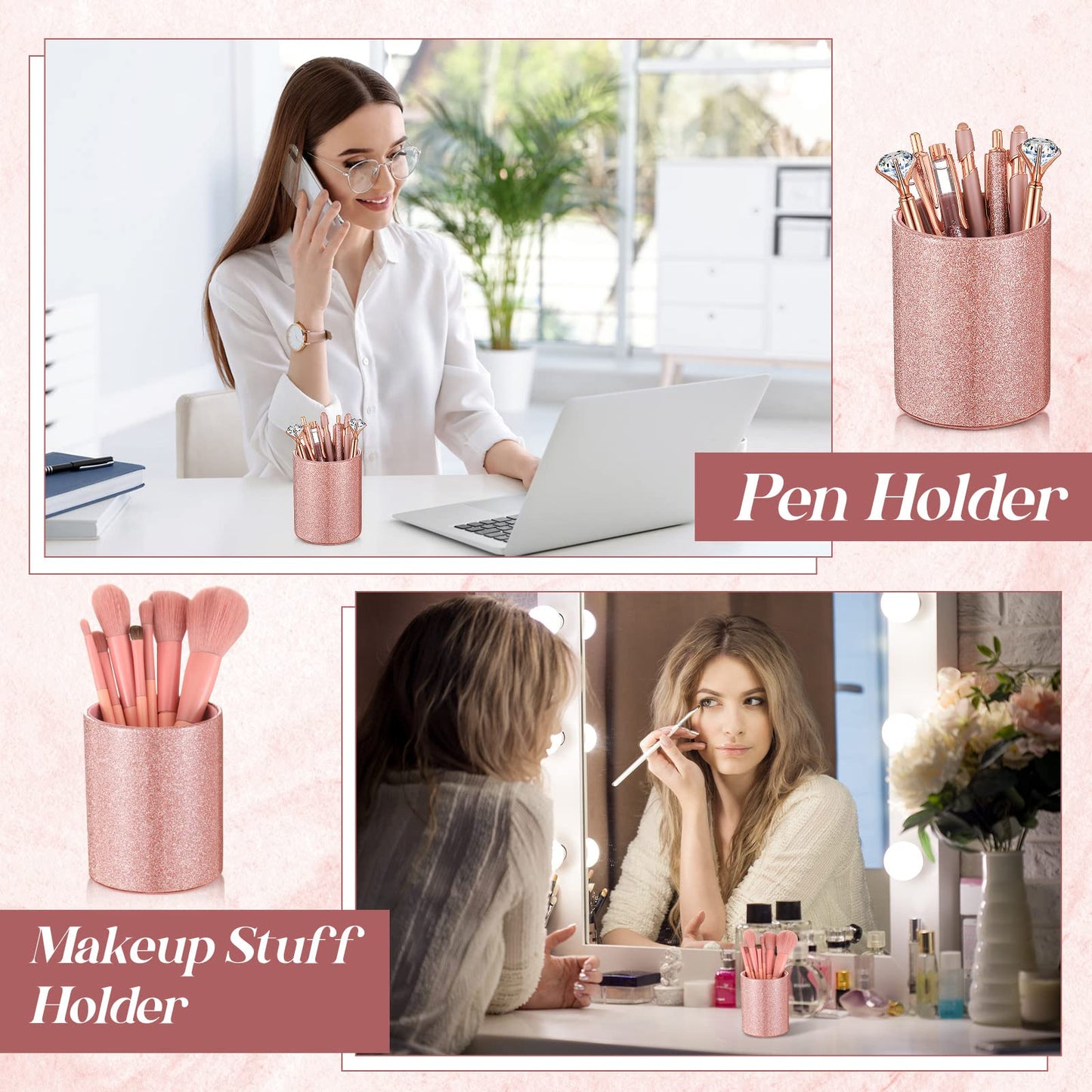 Sabary 8 Pcs Rose Gold Pens with Pen Holder for Desk Glitter Crystal Diamond Cute Ballpoint Fancy Pencil Holder Bling Desk Organizer for Women Girls Gifts School Office Valentine Supplies