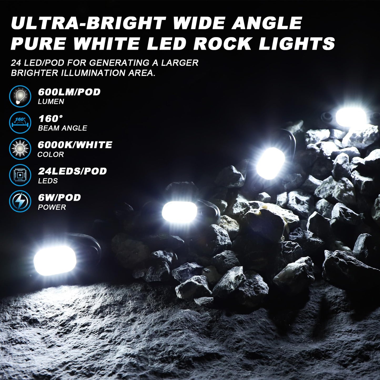 Rock Lights for Trucks-24Chip High Power 6000k Pure White, 15FT Cable Each Light, Aluminum Case, Waterproof IP68 Underglow Lights for Cars Jeep UTV ATV(16 PCS)