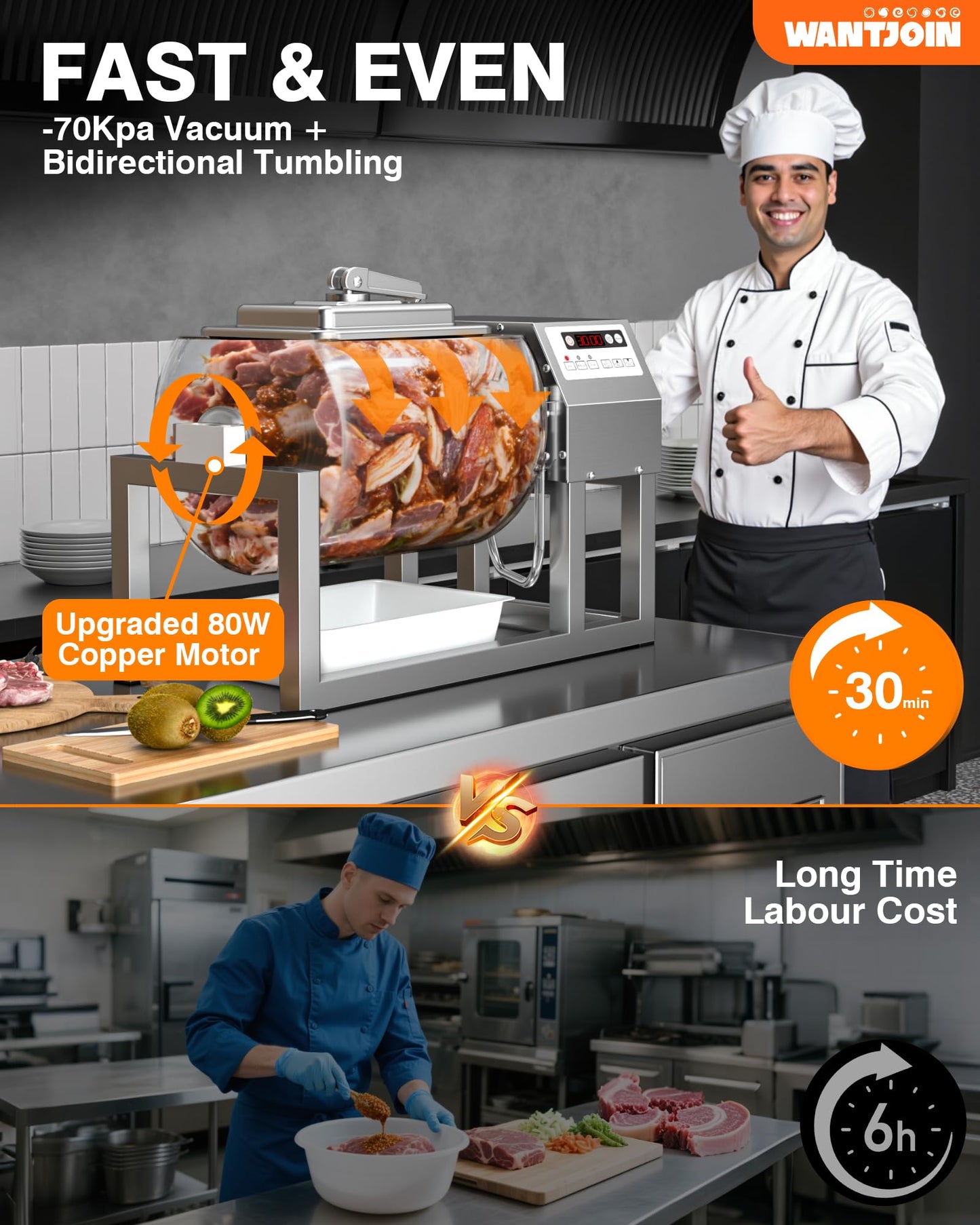 WantJoin Vacuum Tumbler Marinator - Max.20LBS Commercial Meat Tumbler Marinator 20L 30Min Fast Marinating,80W Copper Motor, Bidirectional Rotation,3 Speeds, Meat Tumbler for Catering Kitchen