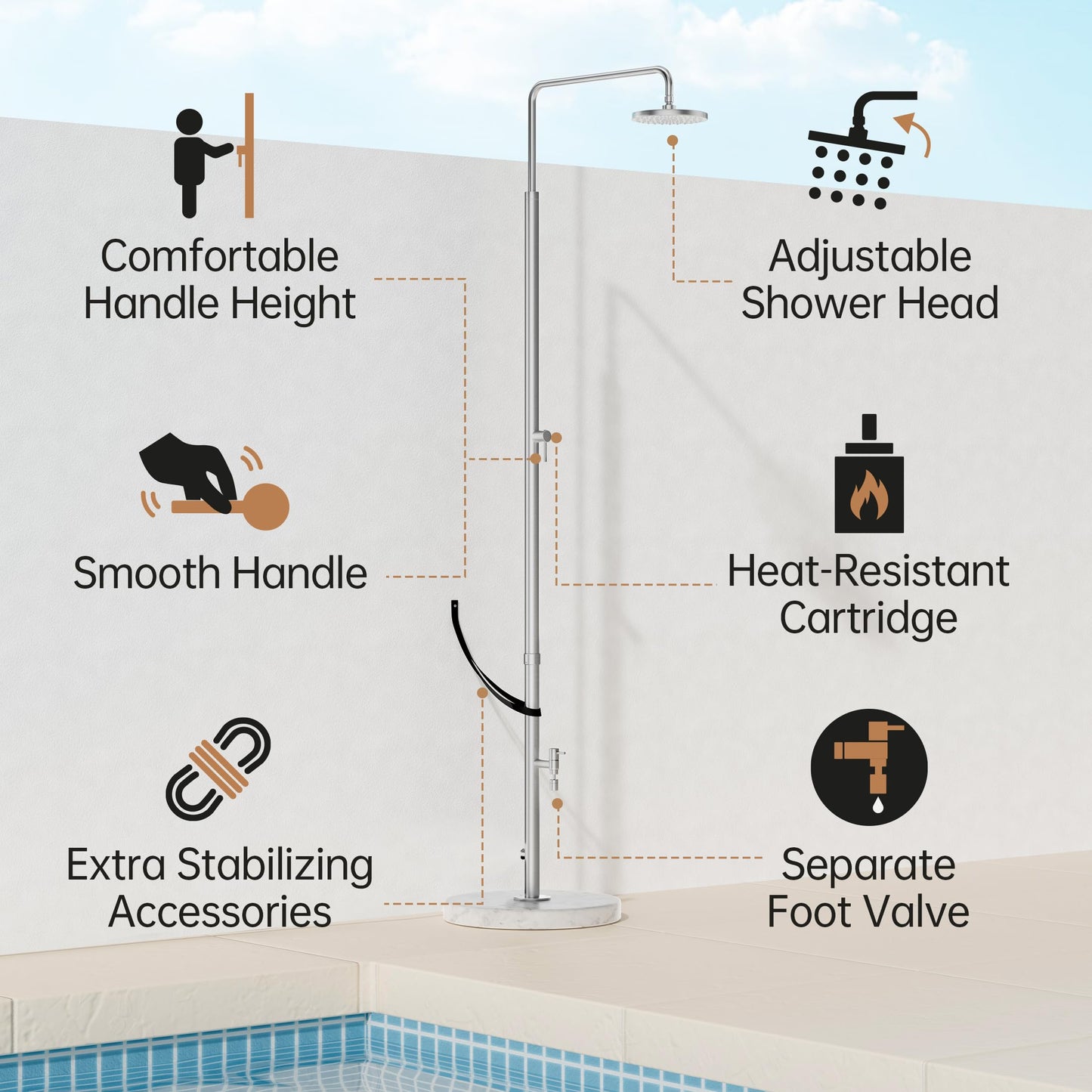 KES Natural Marble Outdoor Shower with Weighted Base, Freestanding Poolside Rain Shower Head & Foot Rinse, 3/4" Brass Hose Adapter, Anti-tip Strap & Ground Stake, 18/8 Stainless Steel, ODS200F18-BS