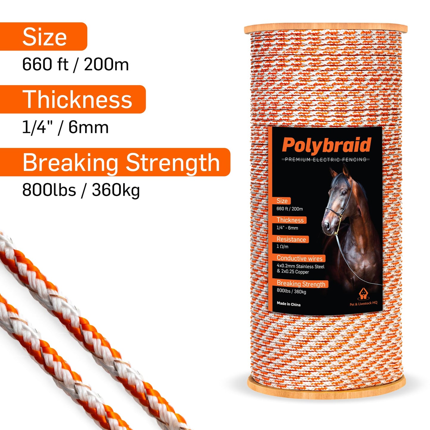 Pet & Livestock HQ - 660ft Electric Polybraid Fence with 5 Mile Charger and 50 Insulators - 3 Product Bundle