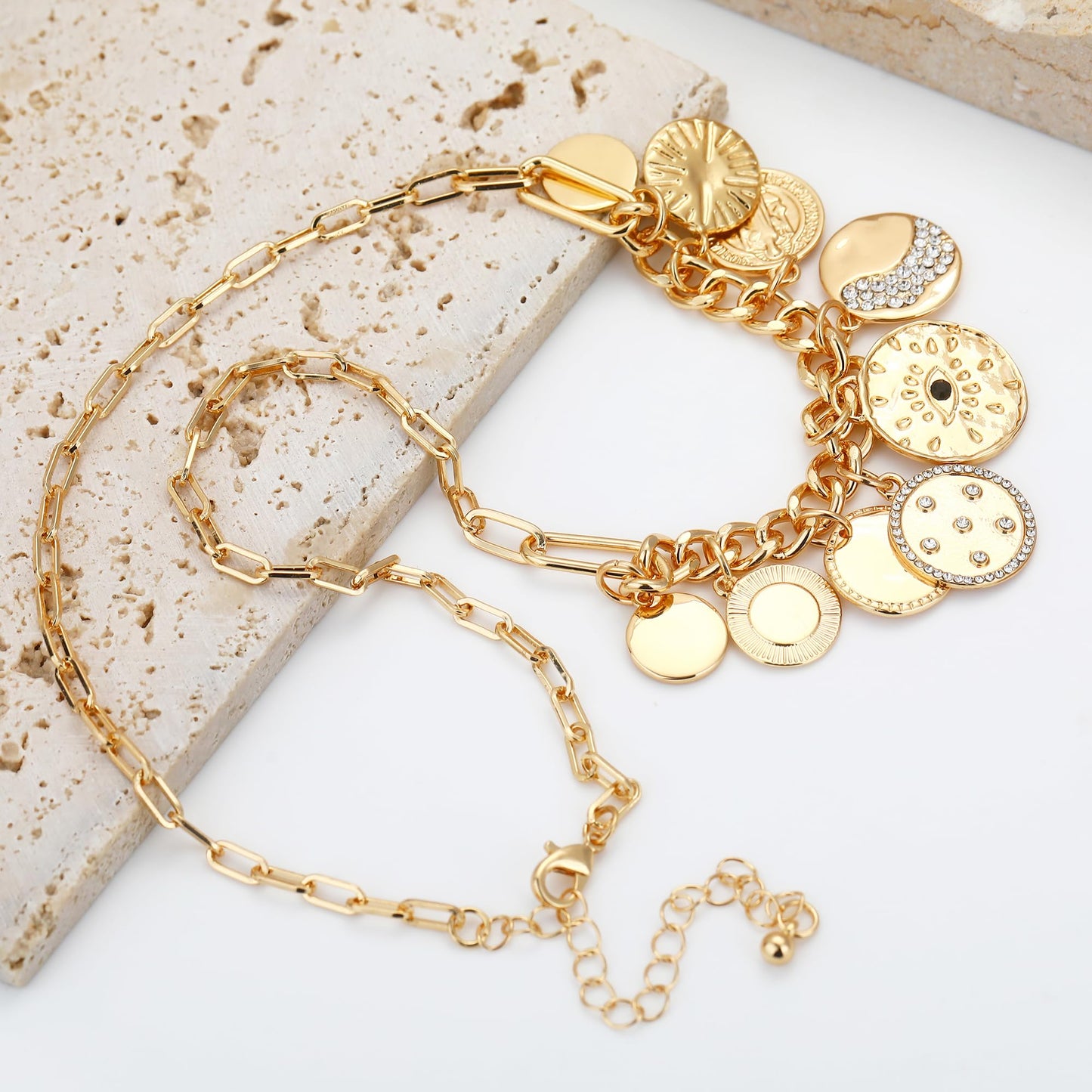 MISS RIGHT Charm Necklace for Women Dainty Gold Evil Eye Coin Lucky Vintage Paperclip Chain Sun Moon Disc Chunky Charm Pendant Necklace Jewelry Gifts COINS