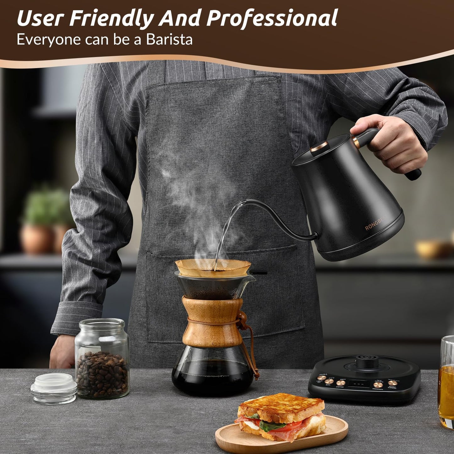 RONGBEST Electric Gooseneck Kettle, 1200W, 6 Temperature Settings, Stainless Steel Inner Lid & Bottom, 1L Quick Heating Pour Over Kettle for Coffee & Tea, Matte Black