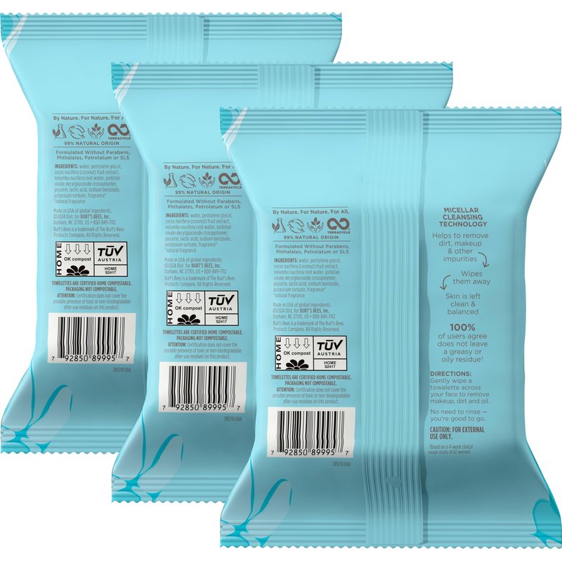 Burt's Bees Sensitive and Micellar Facial Towelettes With Aloe Vera and Rose Water, Pre-Moistened Towelettes for All Skin Types, 30 ct. Package (2 Pack) + 10 ct. Package