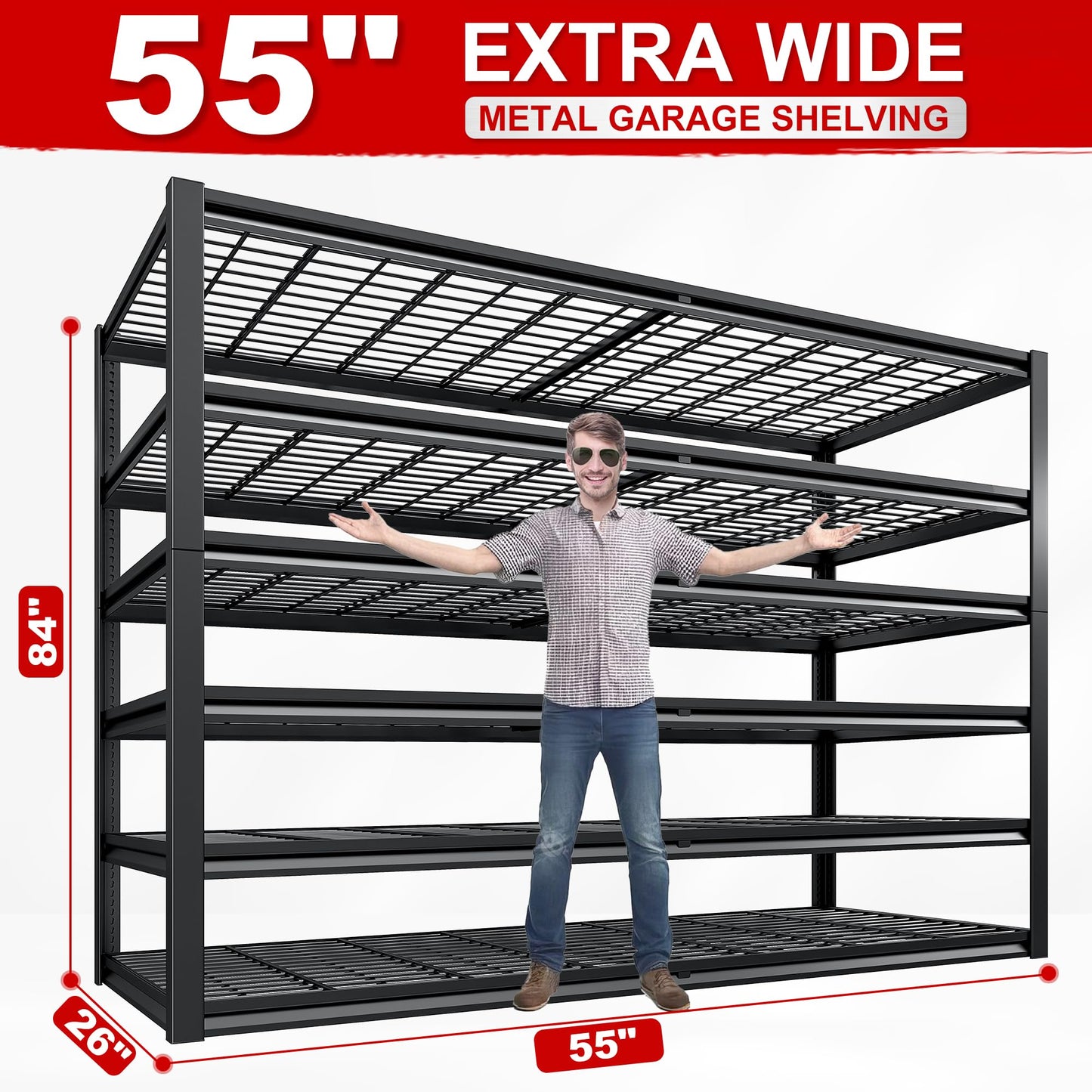 REIBII Garage Shelving 3500LBS, 6 Tier Storage Shelves, Adjustable Heavy Duty Shelving Unit, Metal Shelf for Warehouse, Basement, Pantry, Factory, 55" W x 26" D x 84" H, Black