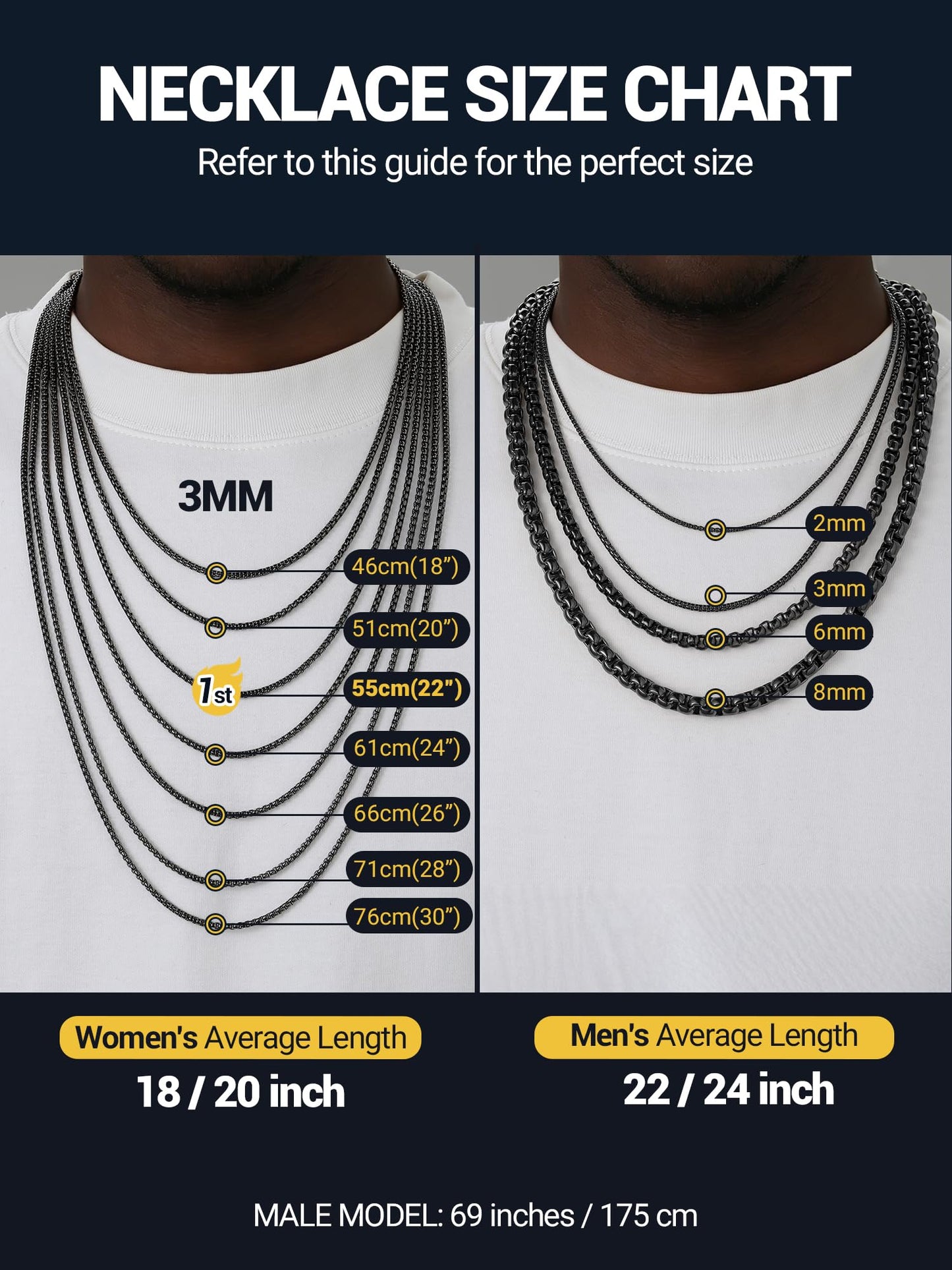 PROSTEEL Mens Chain Necklace, Squre Rolo Link Chains Black Chunky Stainless Steel Necklace 8mm Waterproof & Durable Men and Women Jewelry with Gift Box 18in