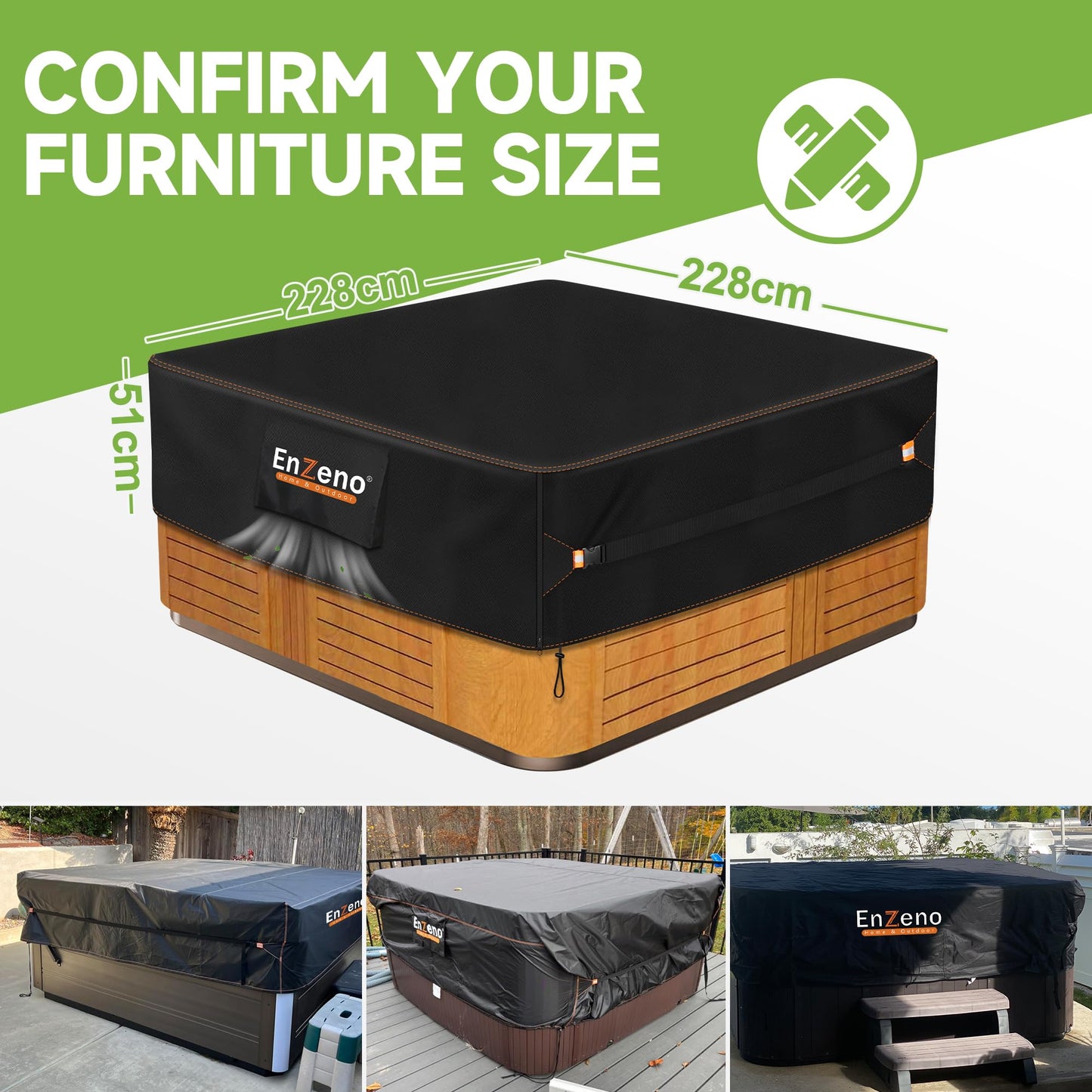 Enzeno Outdoor SPA Hot Tub Cover Waterproof Square 90 x 90 inch fit 89 x 89 or 88 x 88 or 87 x 87 420D Heavy Duty Cub Hot Tub Lid Protectors Protective Cover Cap