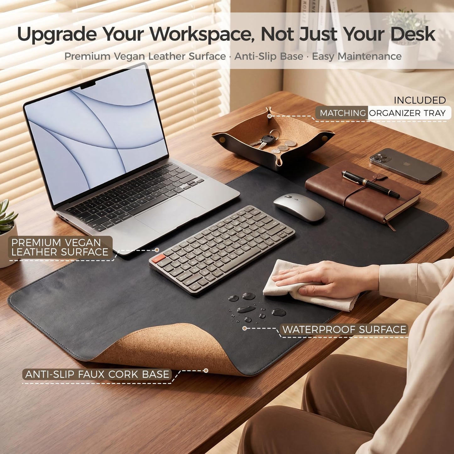 Premium Faux Leather Desk Mat & Tray Set,Innovative Cork-Look Printed Base,Gift Tube Packaging,Full-Desk Coverage,Non-Slip Desk Pad for Office Home(Classic Black)