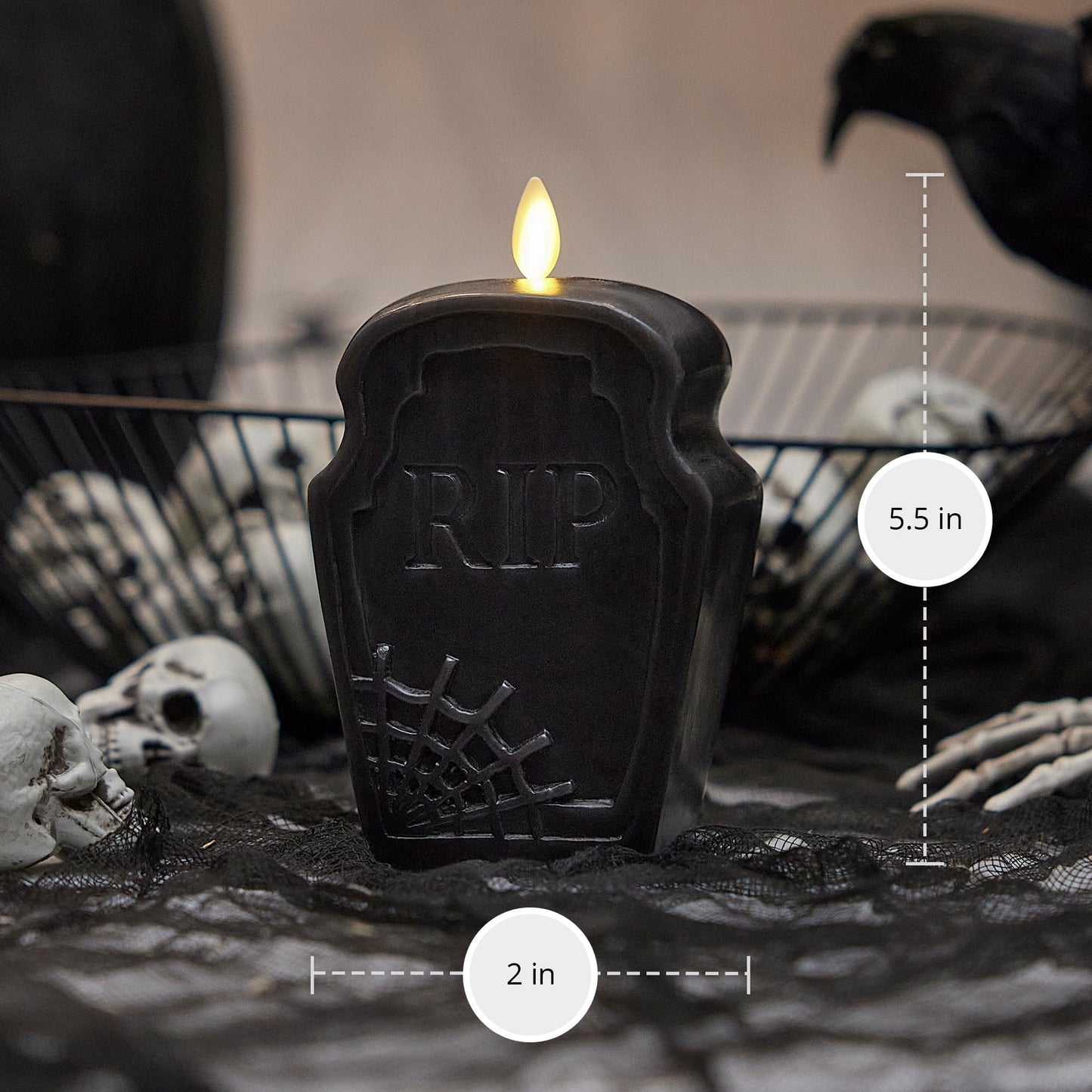 Luminara Black Flameless Candle RIP Tombstone Figural (2" x 5.5"") Moving Flame Battery Operated LED Candle Lights Halloween Decoration"