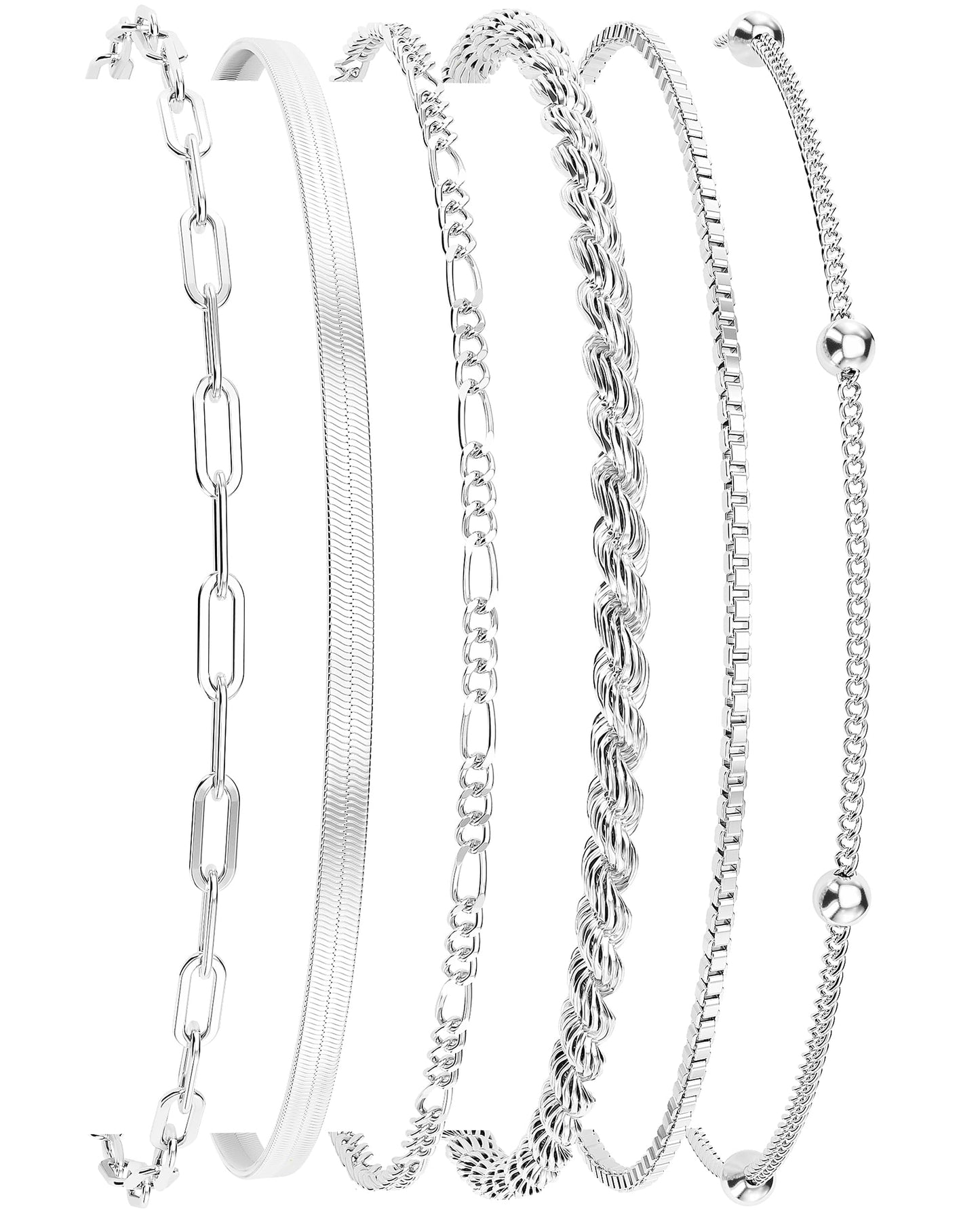 DEARMAY Dainty Silver Plated Bracelets for Women Trendy, Silver Jewelry Set Paperclip Box Herringbone Figaro Rope Chain Bracelet for Women Fashion Pack Gifts