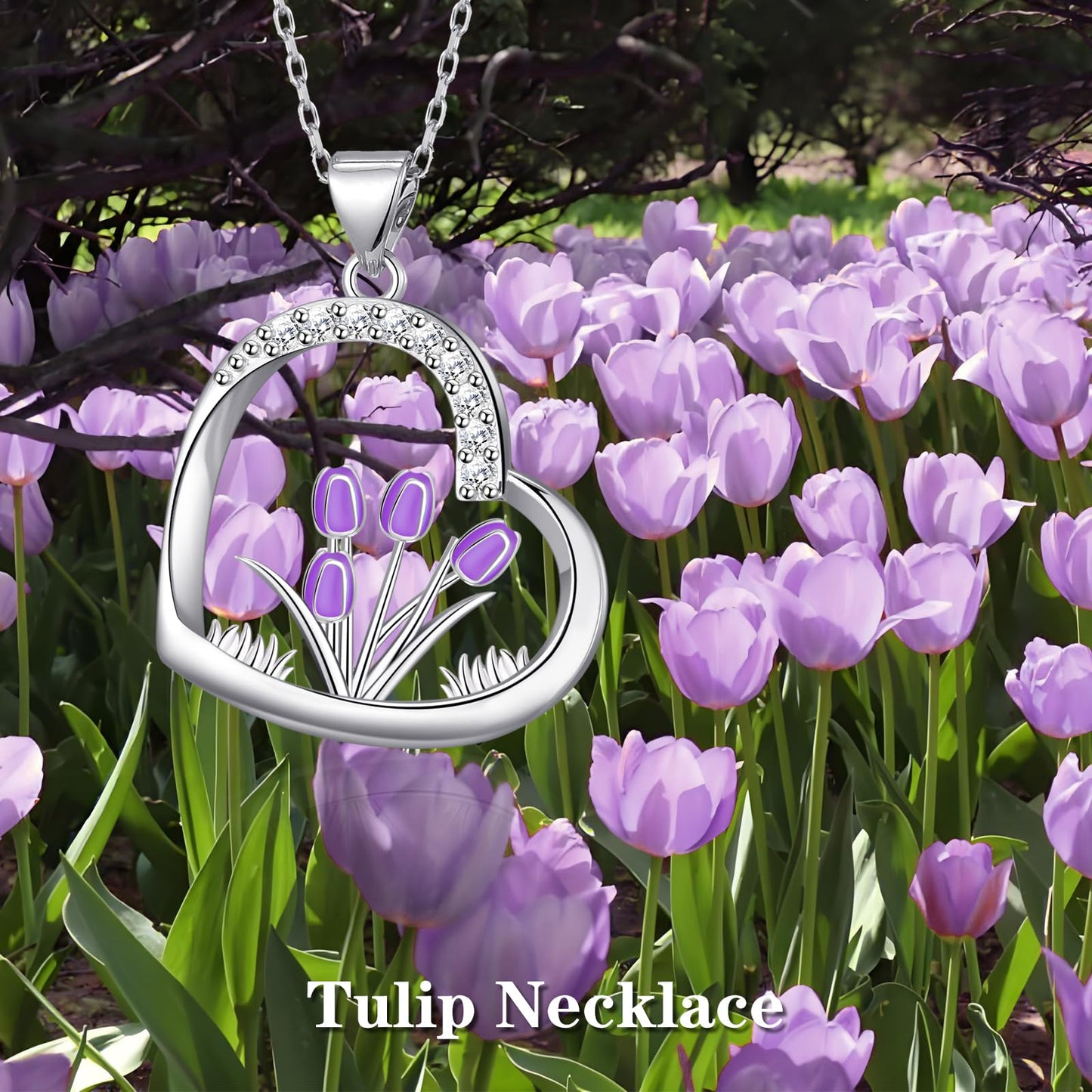 HELORET Flower Necklace Tulip/Sunflower/Daisy/Bee Pendant Necklaces Jewelry for Women Mom Gifts (Tulip Necklace-Purple)