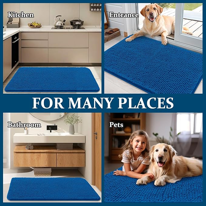 OLANLY Dog Door Mat for Muddy Paws 47x32, Absorbs Moisture and Dirt, Absorbent Non-Slip Washable Doormat, Quick Dry Chenille Mud Mat, Entry Indoor Entryway Carpet for Inside Floor, Deep Navy Blue
