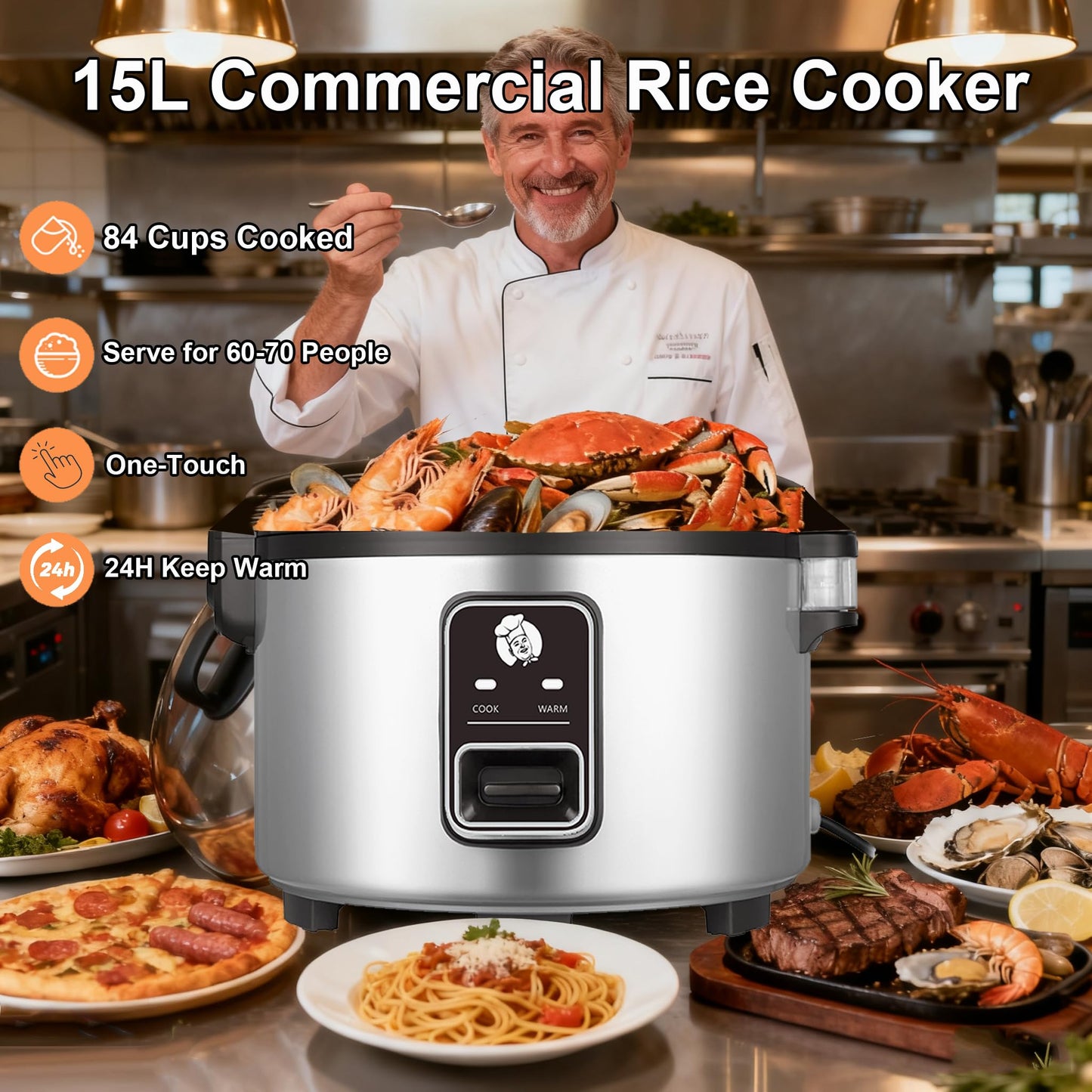 15L/15.8Quart (84 cups cooked rice) Extra Large Commercial Rice Cooker & Food Warmer Auto Keep Warm Electric rice cooker with One-Touch Operation for 60-70 people