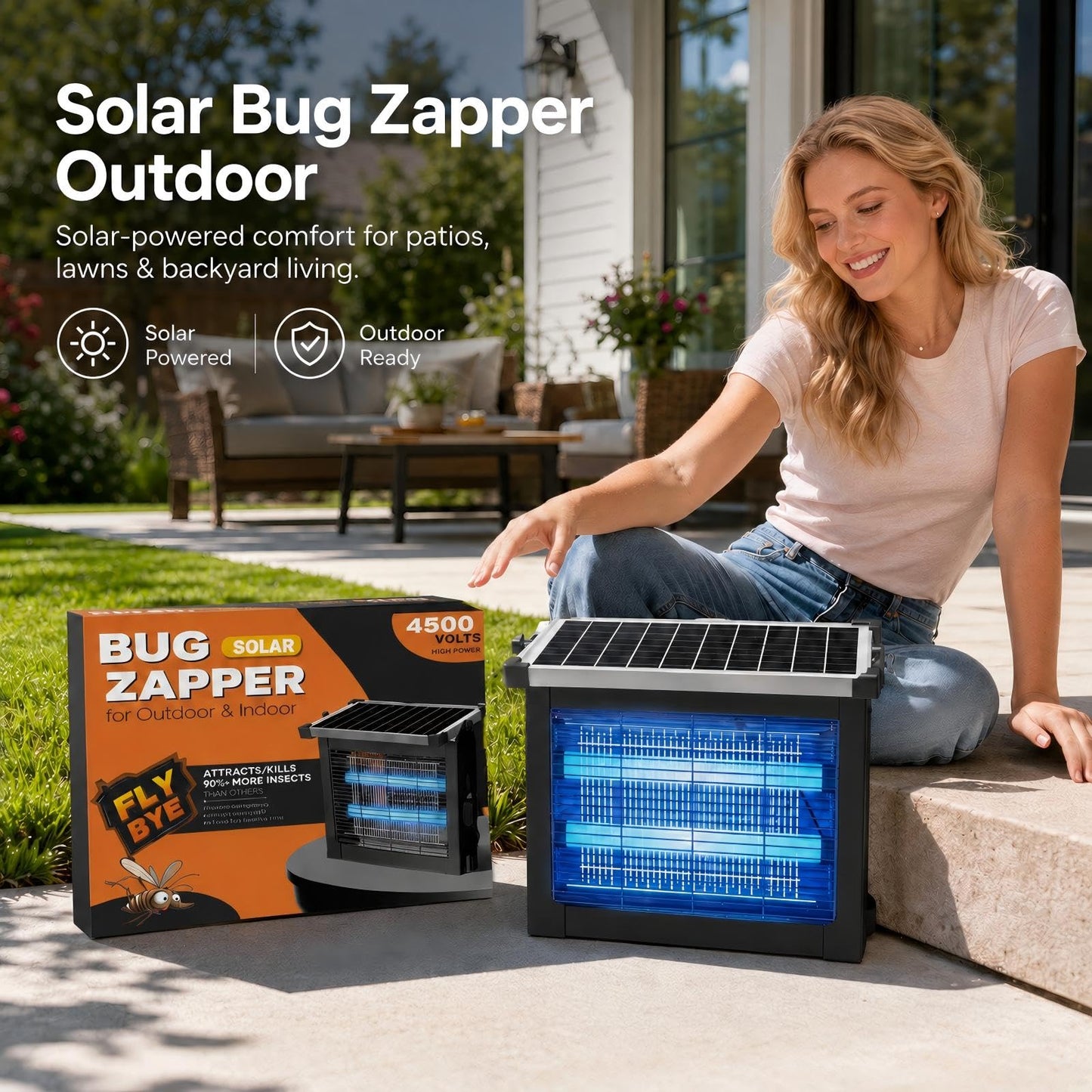Solar Bug Zapper Outdoor Waterproof, Mosquito Zapper USB-C Rechargeable Solar Bug Zapper Outdoor, 4500V Electric Bug Zapper, Mosquito Trap Fly Zapper Killer for Patio Garden Backyard Camping Garage