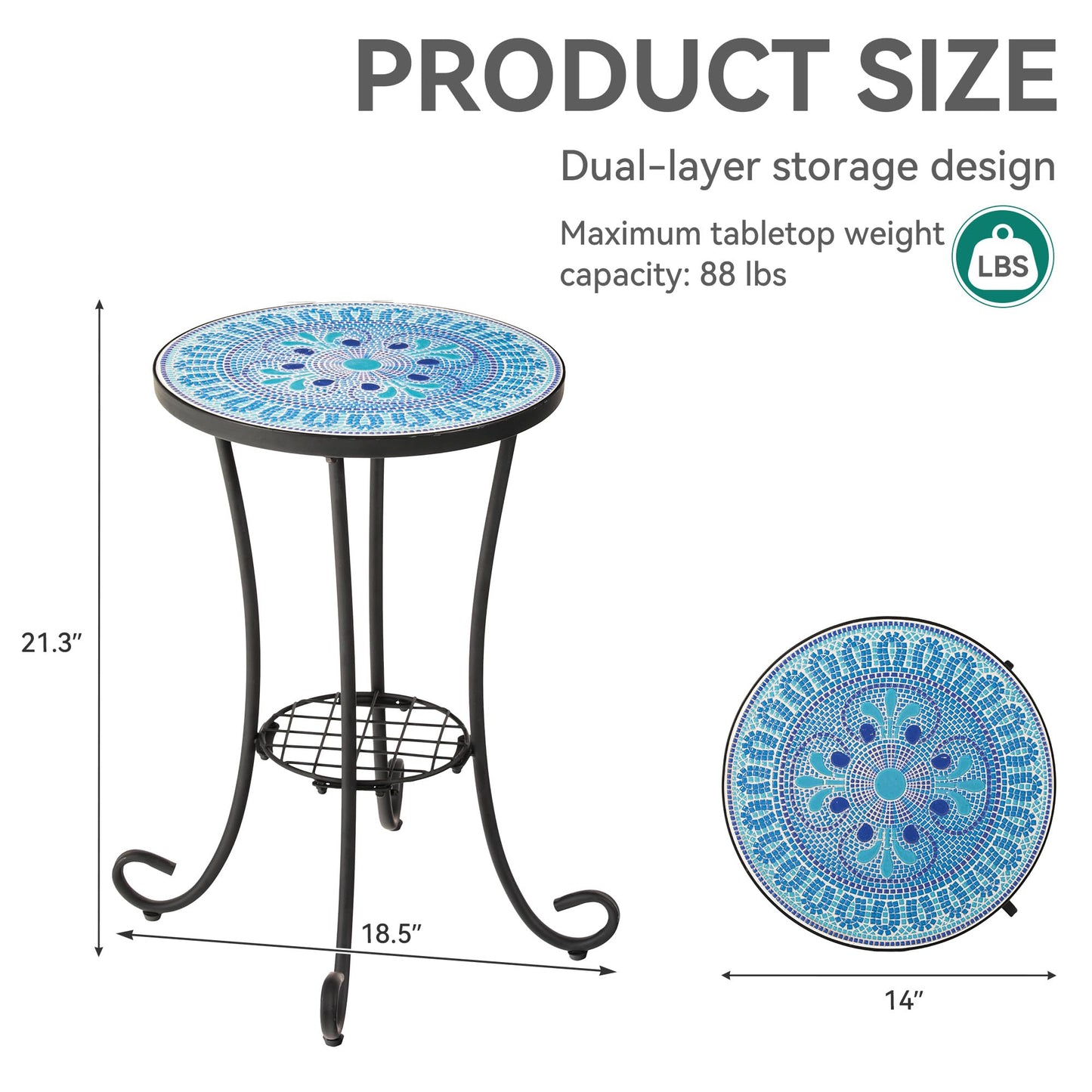 Ultym Side Table Outdoor, Mosaic Patio Table with Planter Stand, 22" H Iron Coffee End Table,Weather Resistant Tile Top Metal Drink Bar Table for Indoor Garden Balcony Yard Bistro Balcony