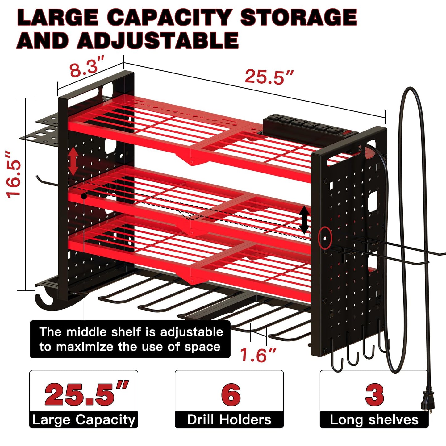 NattyDot Power Tool Organizer Wall Mount with Charging Station 4 Layer 6 Slot Cordless Drill Holder with Angle Grinder Holder (Red)