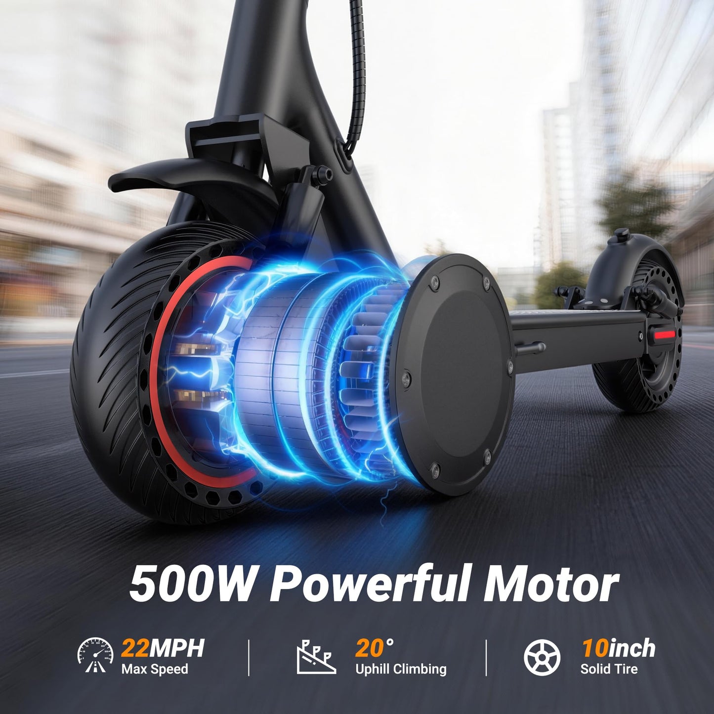 Electric Scooter for Adults, 500W Motor, 22MPH, 31 Miles Max Range, Dual Suspension, 10" Solid Tires, Foldable Commuter E-Scooter with App Control, Scooter with Phone Holder and Lock
