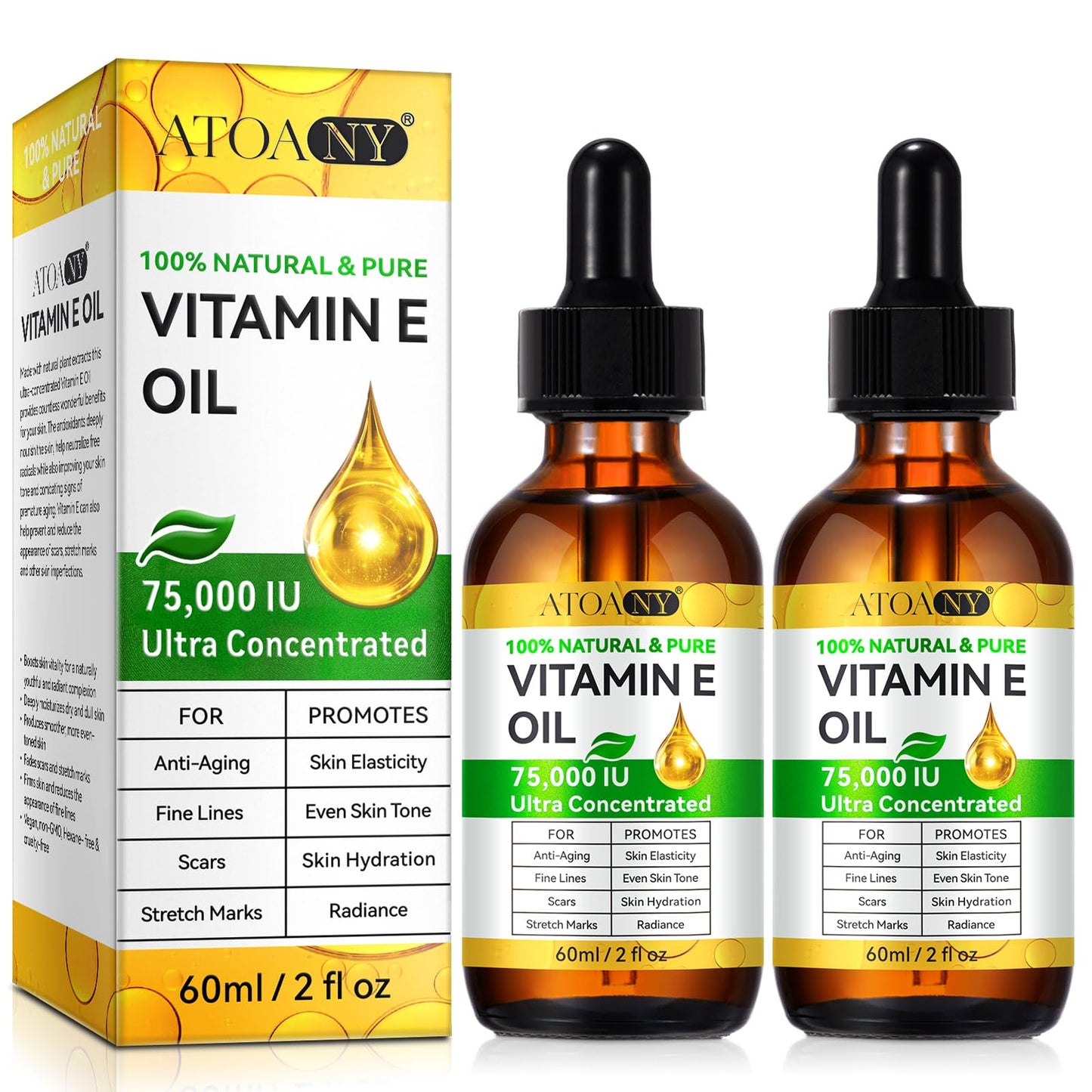 flasture Vitamin E Oil for Skin 75,000 IU â 2 Pack Vitamin E for Face, Hair, Scars, Nails, Ultra-Hydrating Body Oil for Dry Skin Wrinkles,Cold-Pressed, Non-GMO, Skincare Formula â2 Fl Oz