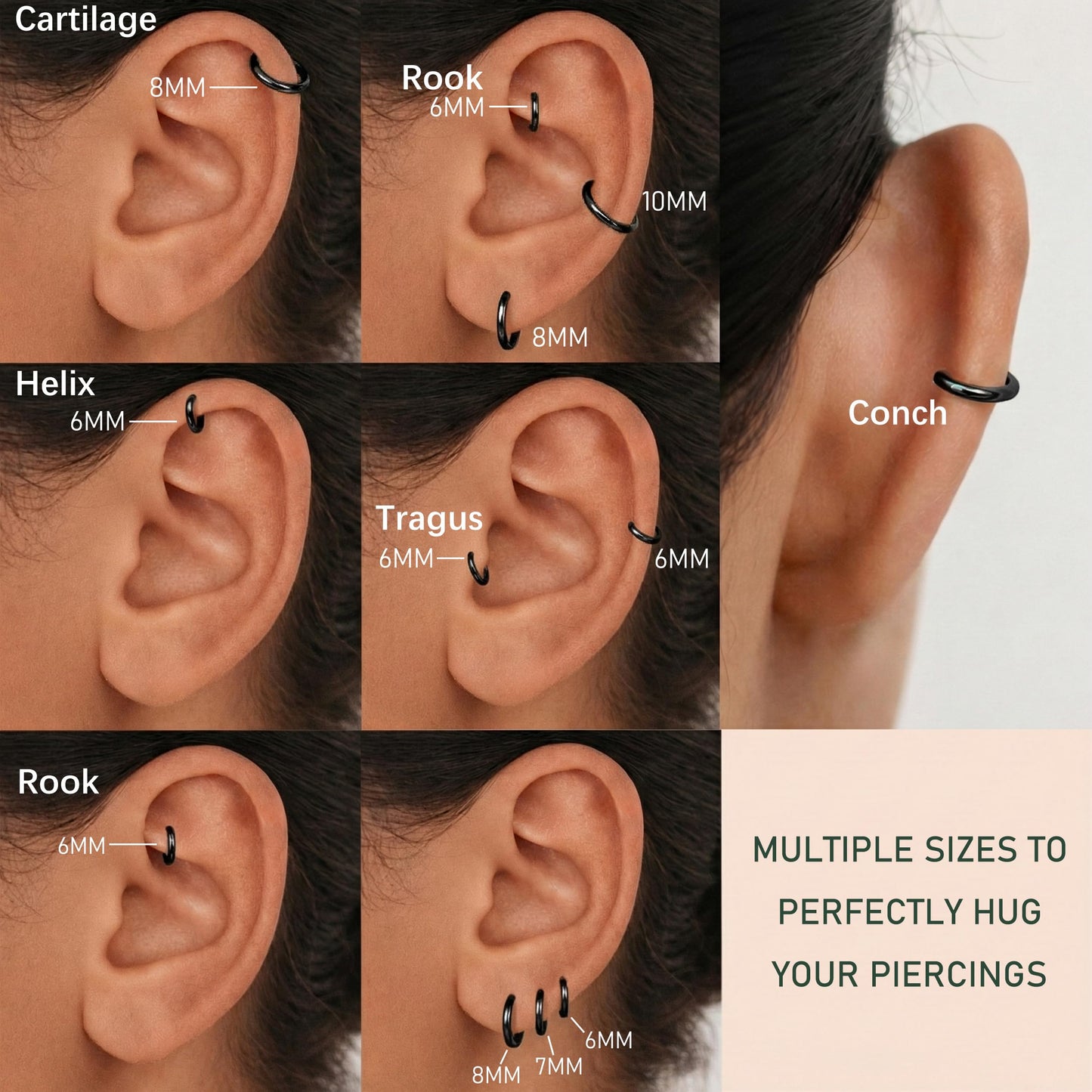 Gokeey Small Gold Huggie Hoop Earrings Set for Women 14K Real Gold Plated Hypoallergenic Lightweight Earrings for Sensitive Ears Everyday Earrings for Cartilage Piercings (10mm/10mm/10mm/10mm, Black)