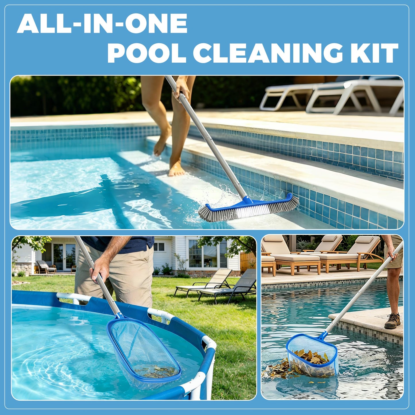 KingSom Swimming Pool Cleaning Kit Includes Professional Leaf Skimmer Net,Half-Depth Fine Mesh Net,17" Pool Brush Head,55" Adjustable Aluminum Pole,Pool Cleaning Equipment for Above Ground Pools