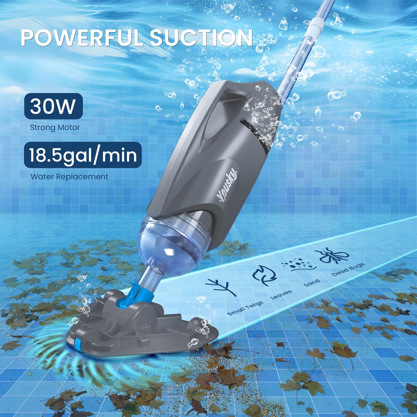 Cordless Pool Vacuum for Above Ground Pool with Telescopic Pole, 18.5 GPM Powerful Suction, 45 Mins Runtime, Rechargeable Handheld Pool Cleaner with 2 Brush Heads for Inground Pools