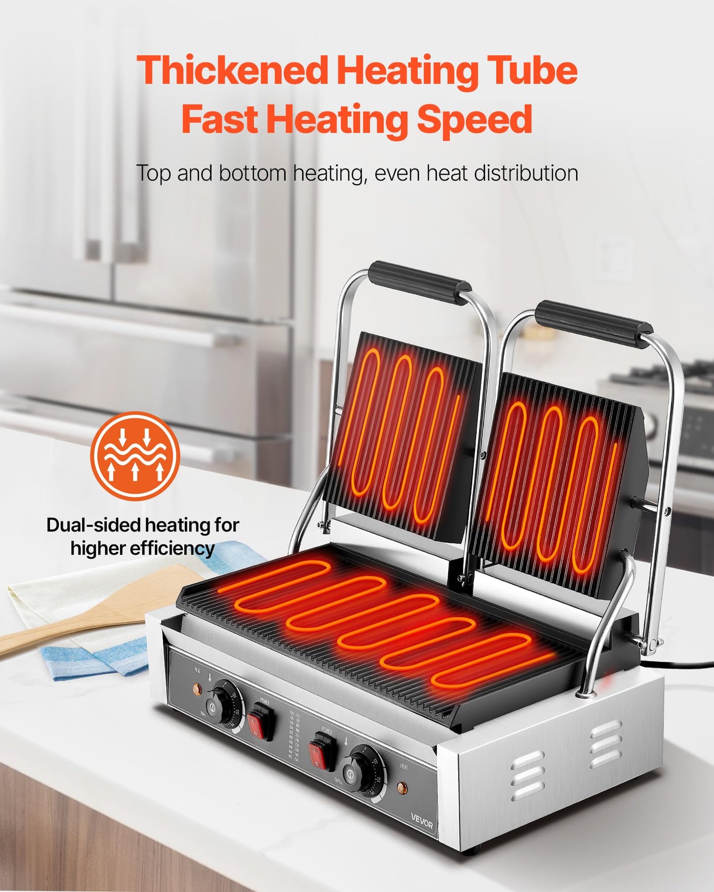 VEVOR Commercial Panini Grill, 3600W Electric Sandwich Panini Maker, Stainless Steel Double Sandwichs Press with Handle and Temp Control, 19x9 in Full Grooved Enamel Plate, for Hamburger Steak Bacon