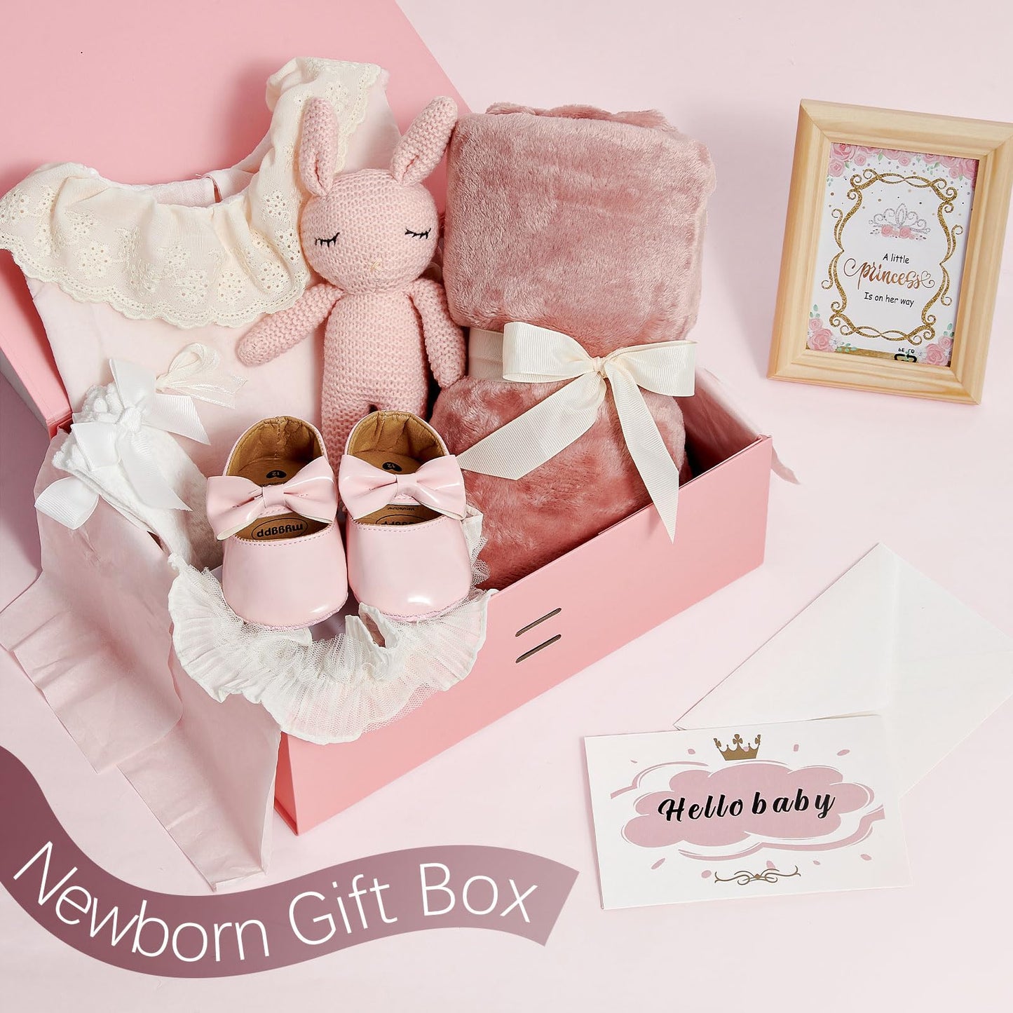 Golray Newborn Baby Girl Gifts New Born Cloths Baby Shower Gift with Bodysuit Cloth Soft Shoes/Socks/Blanket/Headband/Crochet Rabbit Toy/Greeting Card, New Born Essentials Baby Girl Gift Basket Stuff