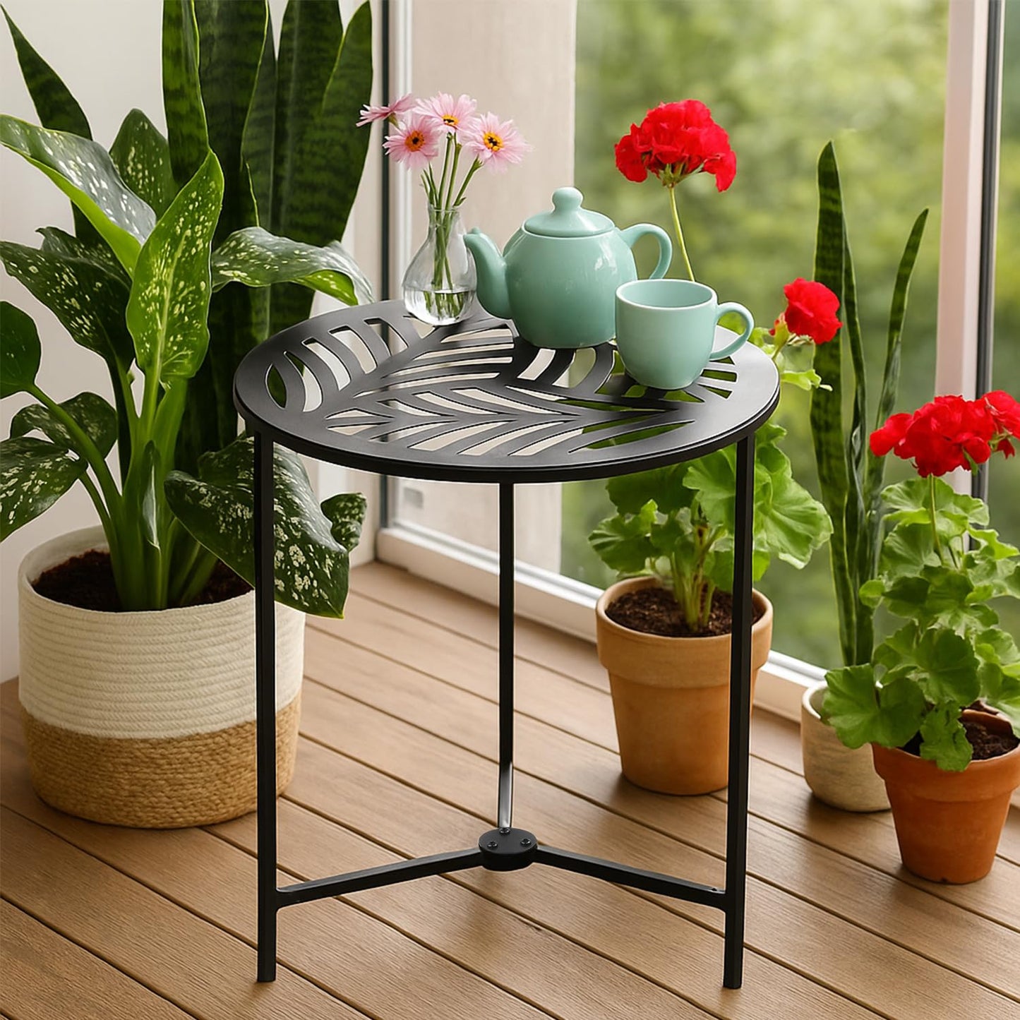Extra-large Metal Side Table 17.7 Inches Heavy-duty Black Outdoor Patio Garden End Table Round Accent Corner Stand for Small Space Weather-resistant Coffee Table for Balcony Porch Plant Stand, Black