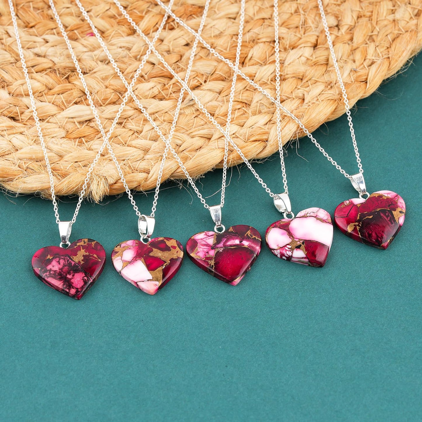 Yashee Natural Red Dahila Oyster Turquoise Heart Shape Crystals Pendant Necklace, Chakra Energy Healing Gemstone, Real Crystal, Top Grade, Beautiful Women Simple Jewelry