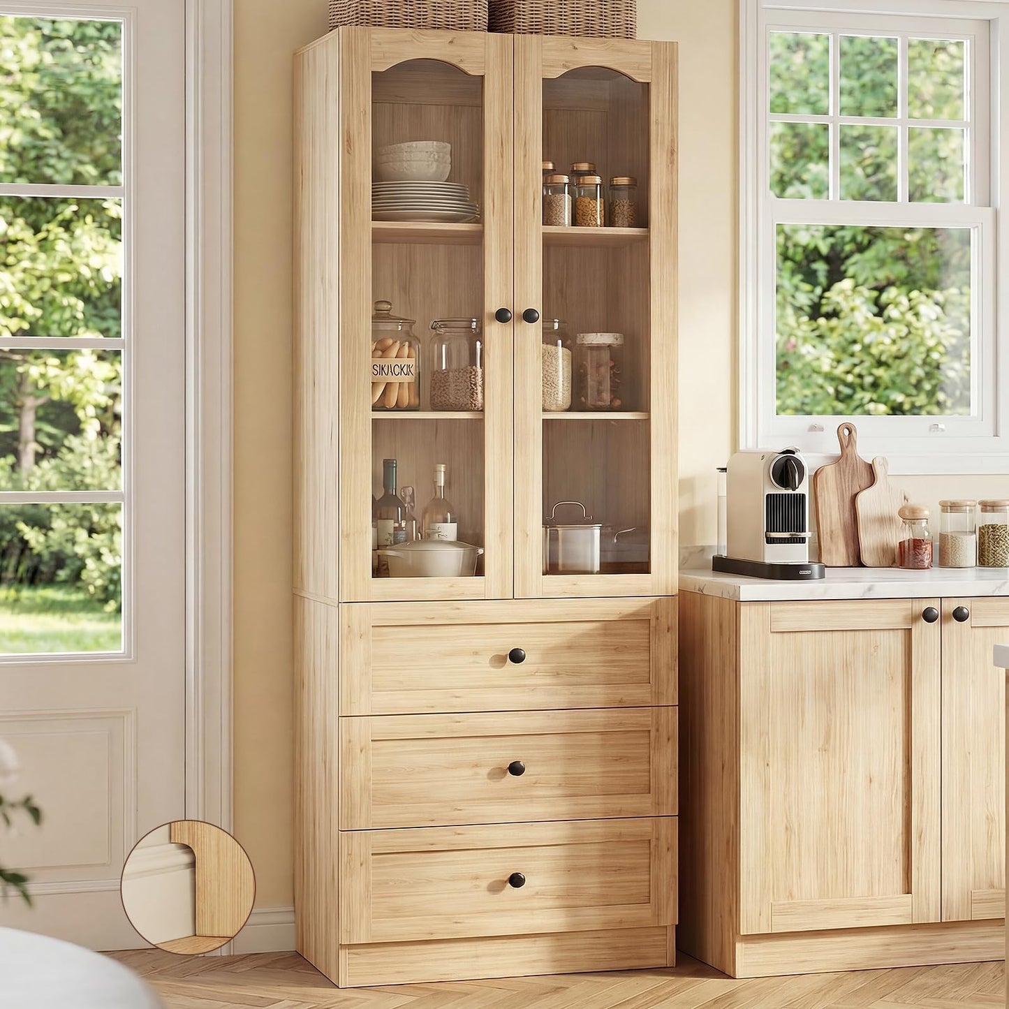Cyclysio 80" Tall Pantry Cabinet for Kitchen Storage, Natural Oak Pantry Cabinet with Glass Doors & 3 Drawers - Freestanding Storage Bookcase with Built-in Baseboard Notch for Dining, Living Room