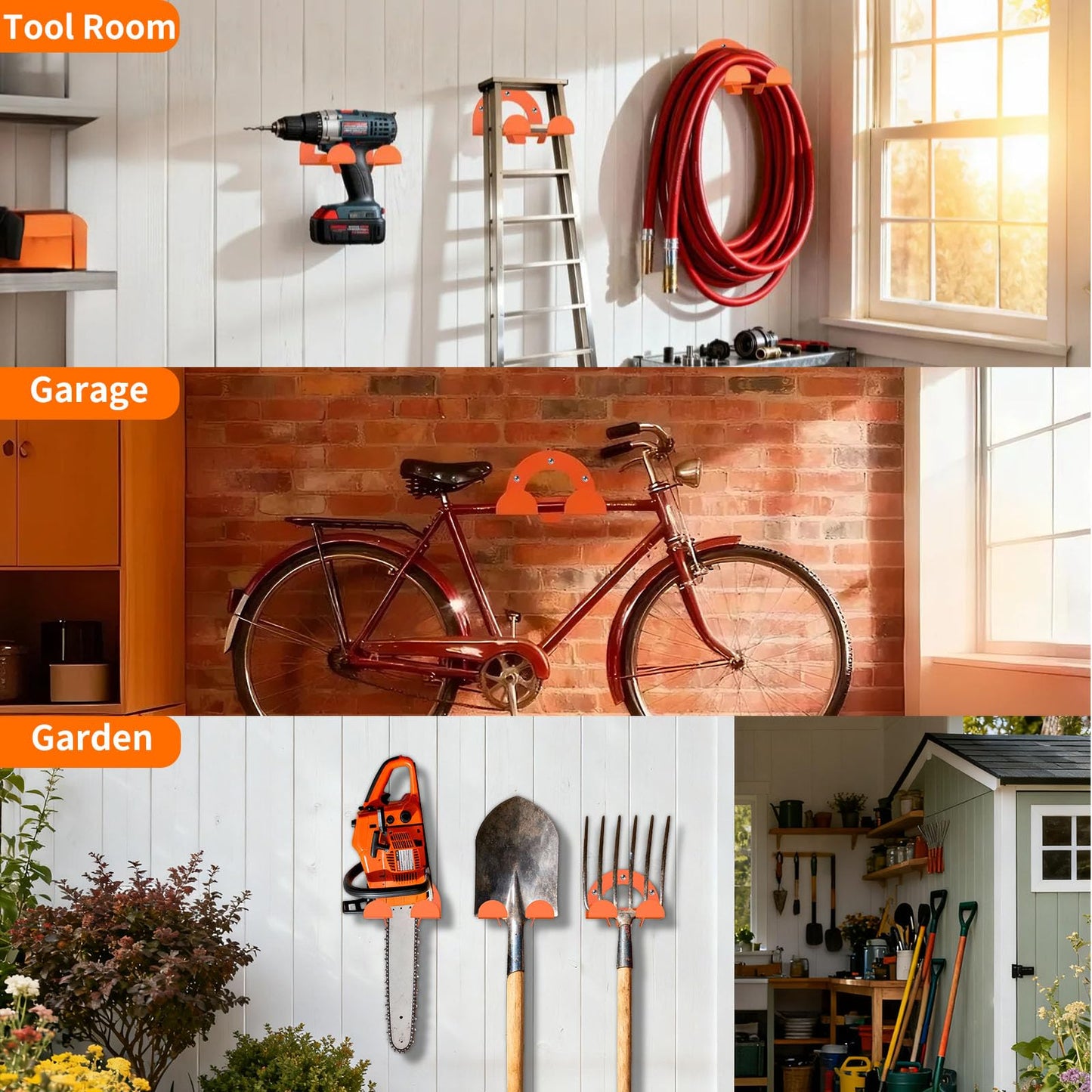 AURIKAR Weed Eater Hanger, Garage Organizer Trimmer Rack Wall Mount, Garden Power Tool Holder Garage Hooks for Grass Trimmer, Hedge Trimmer, Leaf Blower and Chainsaw Storage, 2 Pack