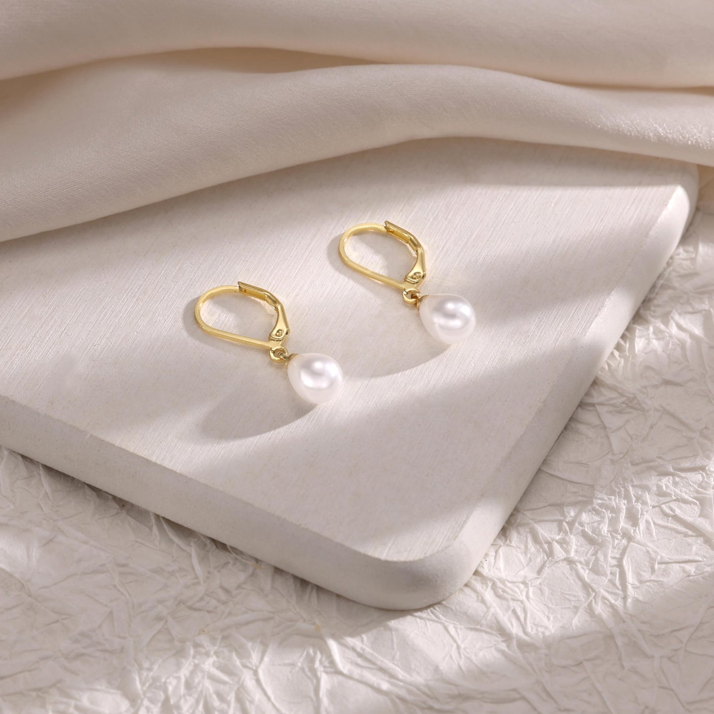 Freekiss Gold Pearl Earrings: Leverback Dangle, Dainty 14K Gold Plated, Hypoallergenic, Waterproof, Wedding & Prom Earrings