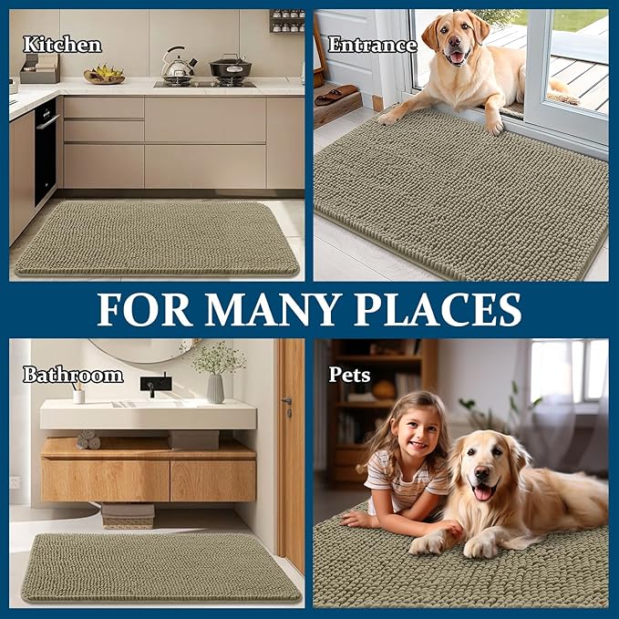 OLANLY Dog Door Mat for Muddy Paws 47x20, Absorbs Moisture and Dirt, Absorbent Non-Slip Washable Doormat, Quick Dry Chenille Mud Mat, Entry Indoor Entryway Carpet for Inside Floor, Warm Taupe