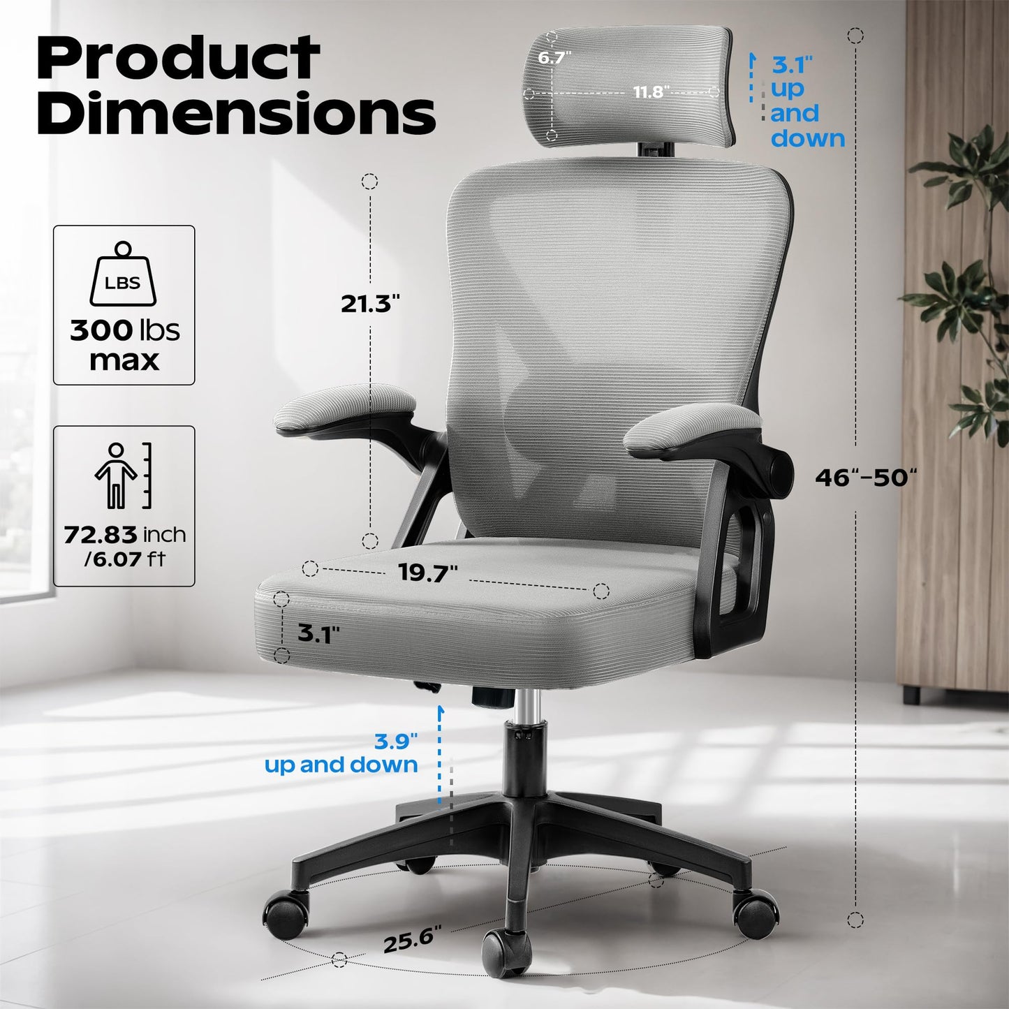 Ergonomic Office Chair, Home Office Desk Chair with Headrest, High Back Mesh Chair with Flip-up Armrests, Comfy Desk Chair with Lumbar Support, Rolling Swivel Task Computer Chair for Home Office