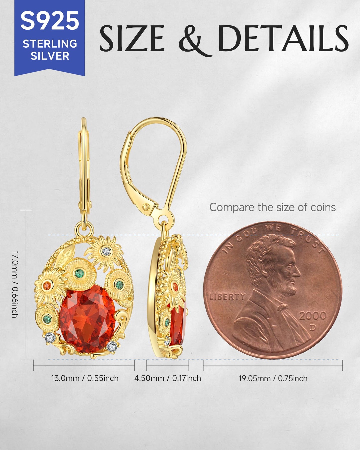 Sunflower Gifts for Women Earrings Jewelry - 18K Gold Plated Sterling Silver Dangle Earrings with Red Cubic Zirconia | Luxury Gifts for Women for Birthday, Christmas & Women's Day