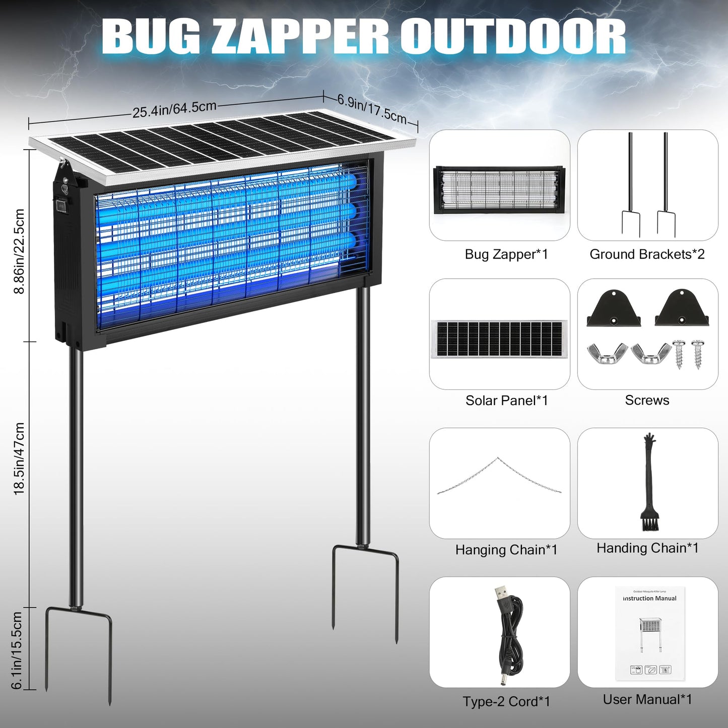 Solar Bug Zapper Outdoor - Mosquito Electric Fly Zapper 30W Waterproof - Cordless Solar Powered Bug Zapper for Patio Garden Backyard RV Camping Pond