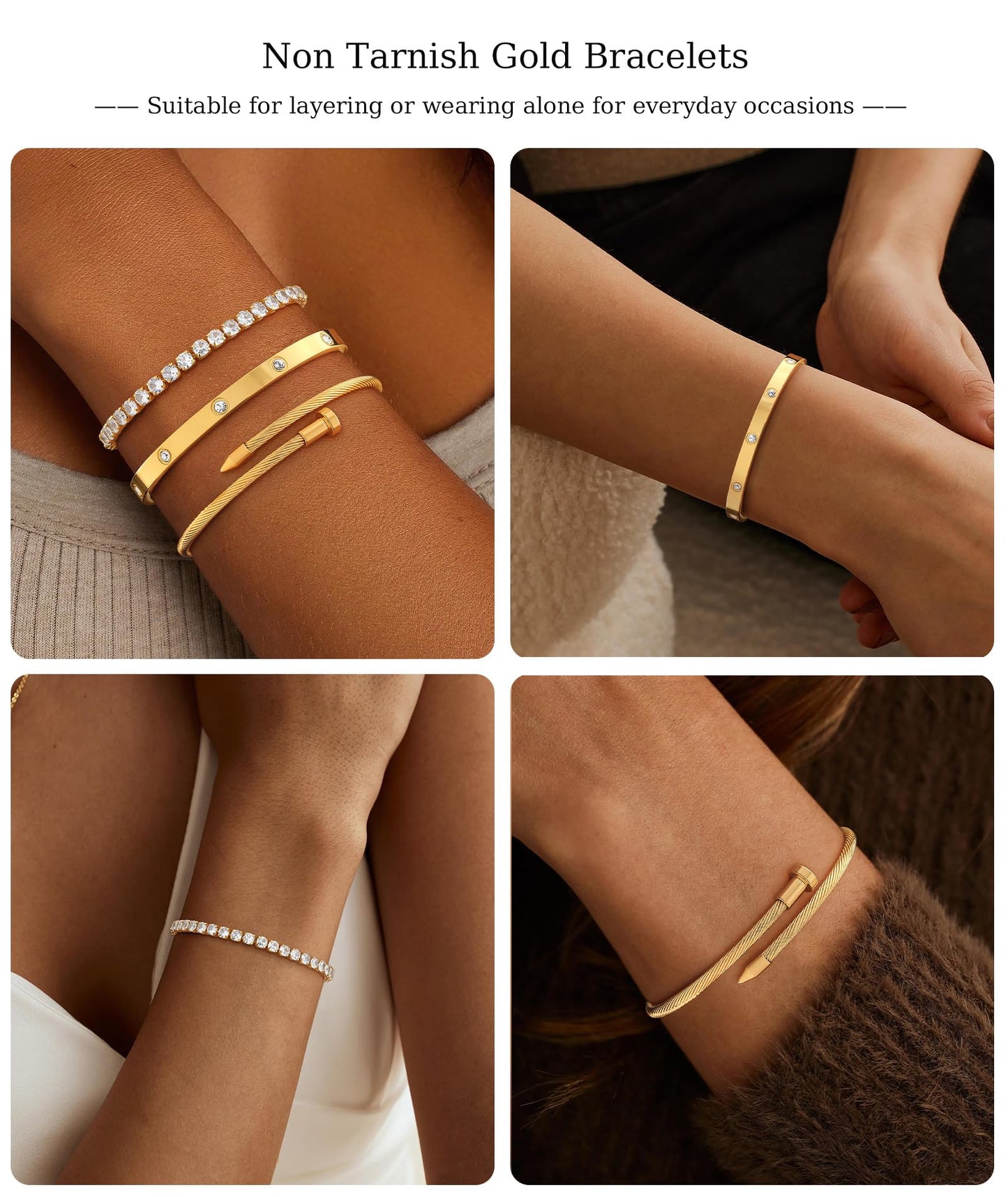 ZOERAY Silver Gold Bangle Bracelets for Women Non Tarnish 14k Gold Plated Stackable Cuff Bracelets for Women Trendy Cubic Zirconia Stainless Steel Chunky Bracelet Stack Set Waterproof Jewelry Gifts