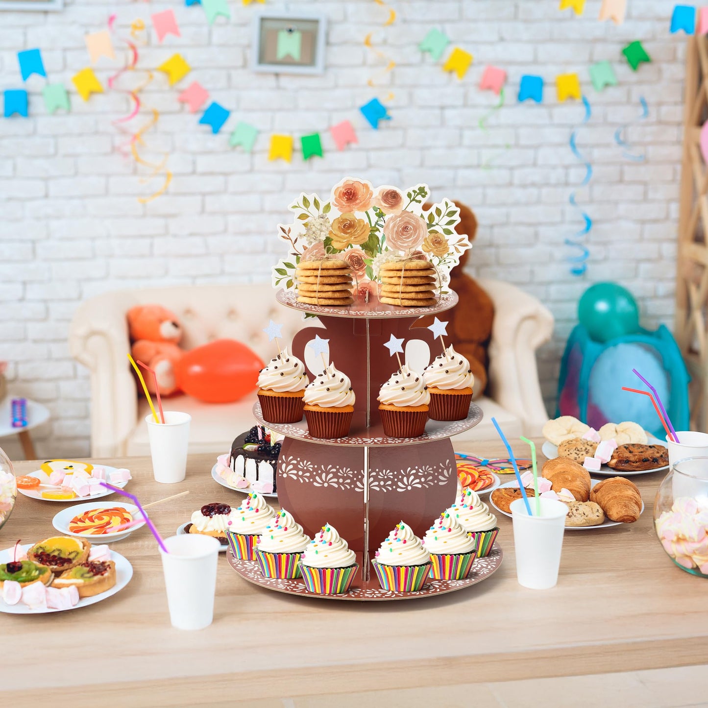 ANGOLIO De Barro Mexicanos Cupcake Stand Party Supplies - 3 Tier Mexican Flower Birthday Cupcake Tower Taco Dessert Holder Display Party Decorations for Wedding Baby Shower Birthday Fiesta (Brown)