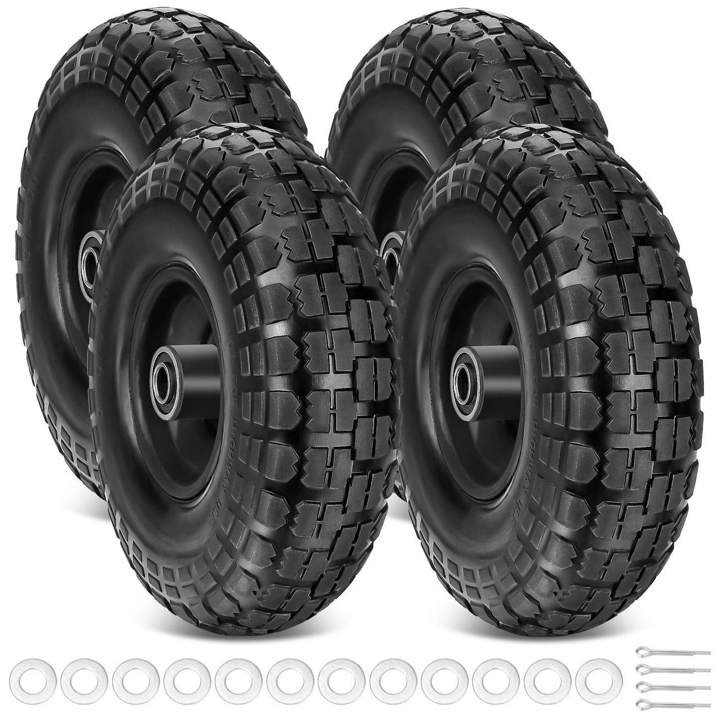 TICONN 10" Solid Tires, 4 Pack Flat Free 4.10/3.50-4'' Wheels with 5/8â Axle Bore Hole and Double Sealed Bearings (Yellow, 4PK)