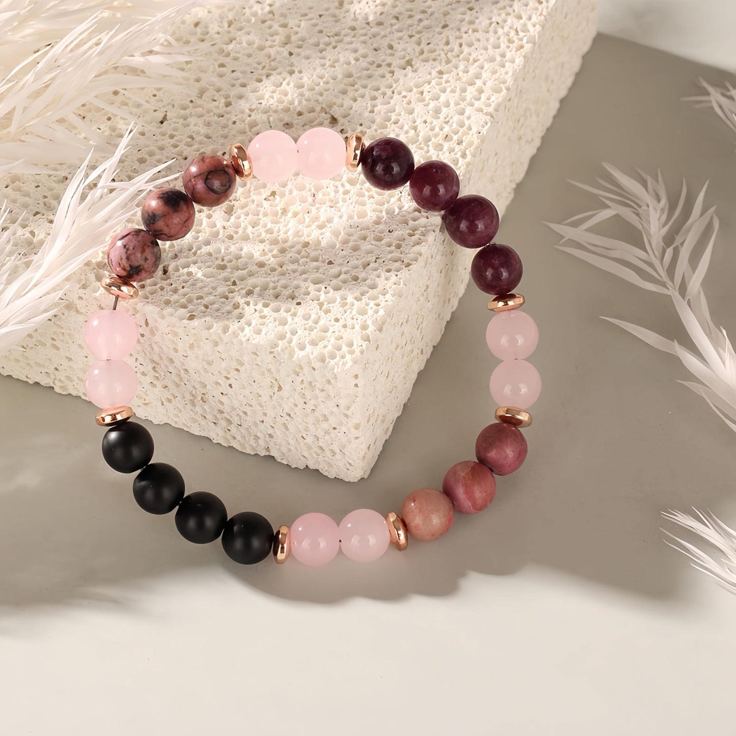 TUQBA Anxiety Relief Beaded Crystal Bracelet for Women Natural Gemstone Beaded Jewelry, Mothers Days Gifts, Christmas, Birthday gift, Onyx, Rose Quartz, Carnelian & Rhodonite
