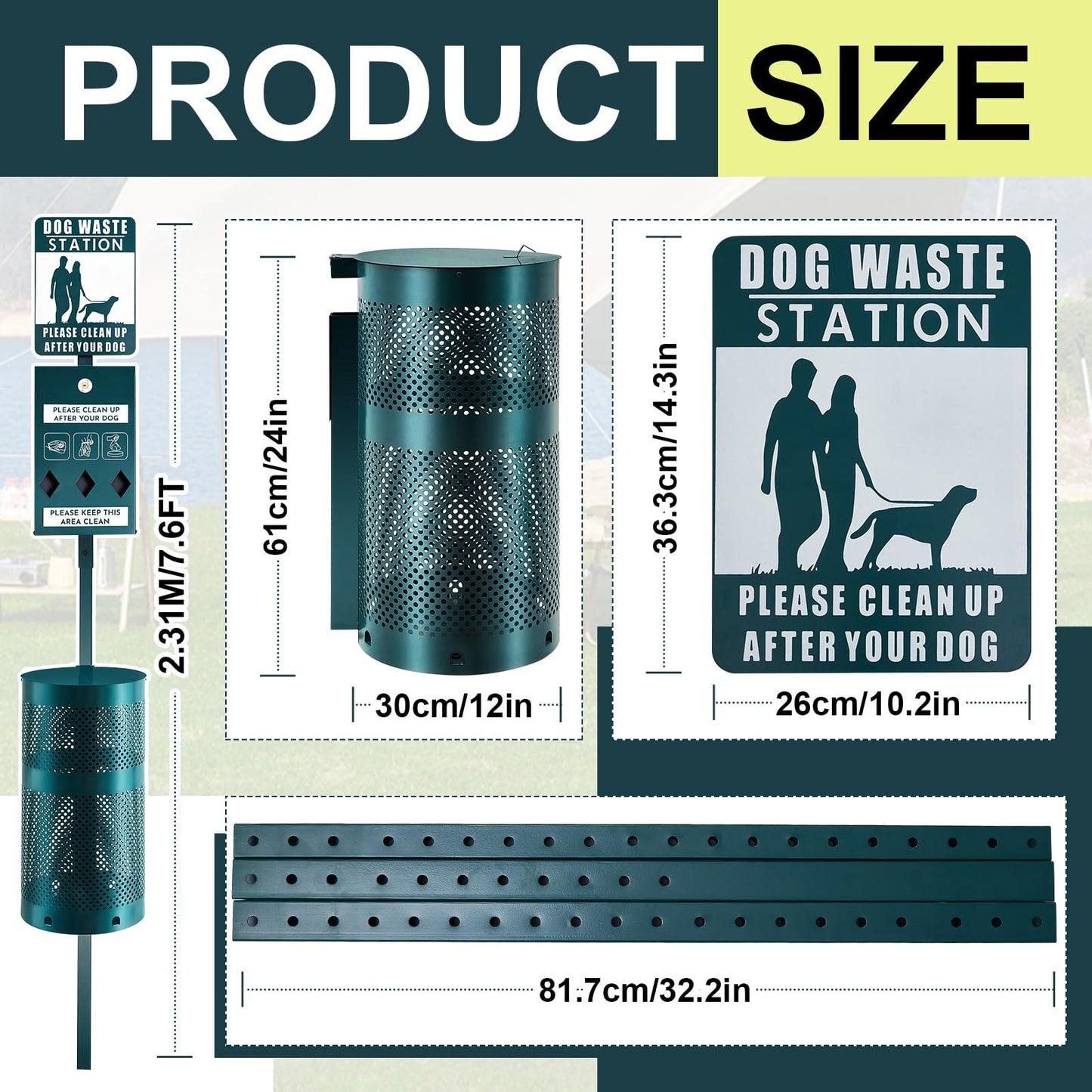 Qinyoung Dog Waste Station Galvanized Steel Outdoor Pet Bin with Poop Bag Dispenser Reflective Sign Rust Proof for Backyard Commercial Park(Green)